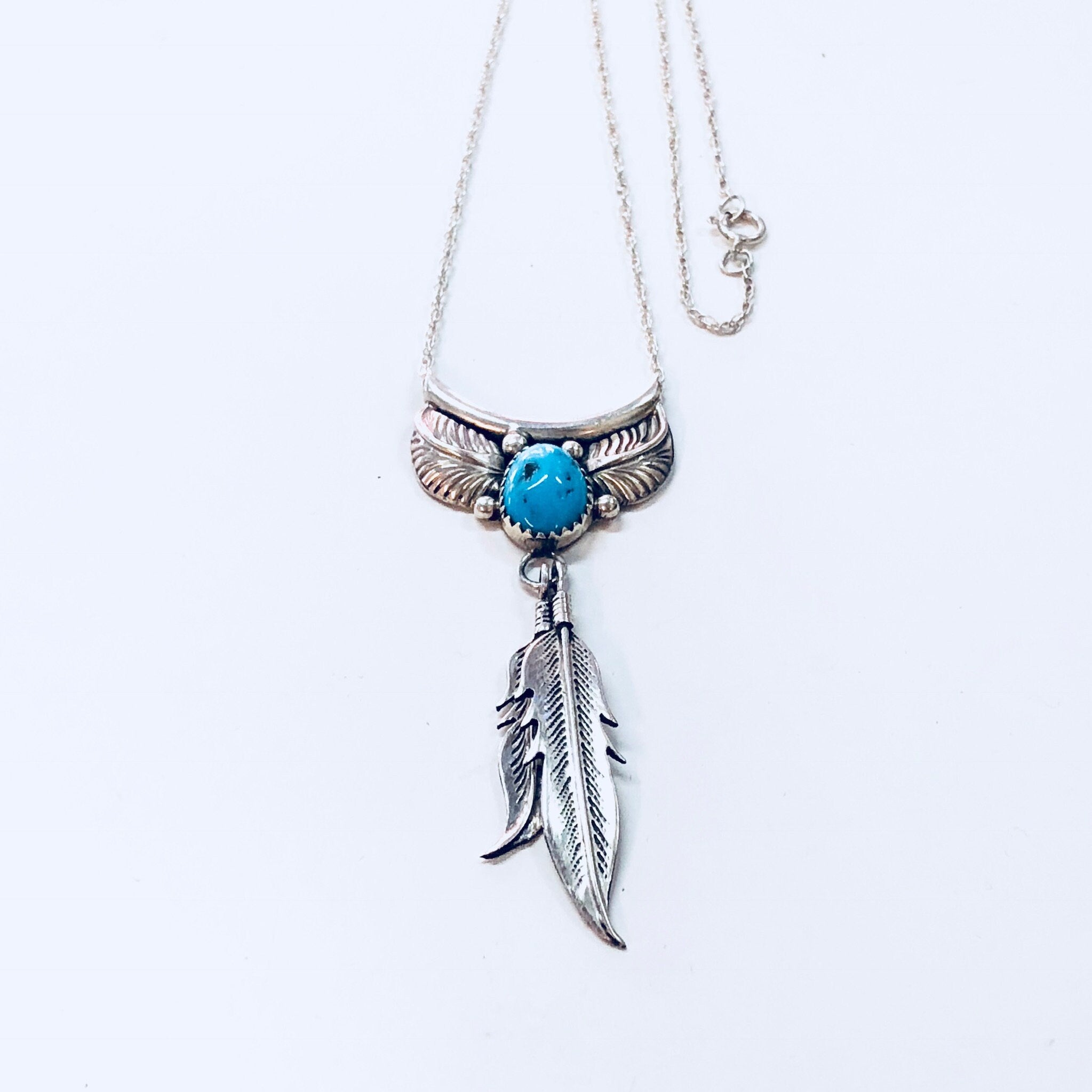 Vintage Silver Necklace, Sterling Silver, Silver Pendant, Turquoise Pendant, Feather Jewelry, Vintage Jewelry, 925, Silver Chain, Leaves