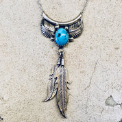 Vintage Silver Necklace, Sterling Silver, Silver Pendant, Turquoise Pendant, Feather Jewelry, Vintage Jewelry, 925, Silver Chain, Leaves