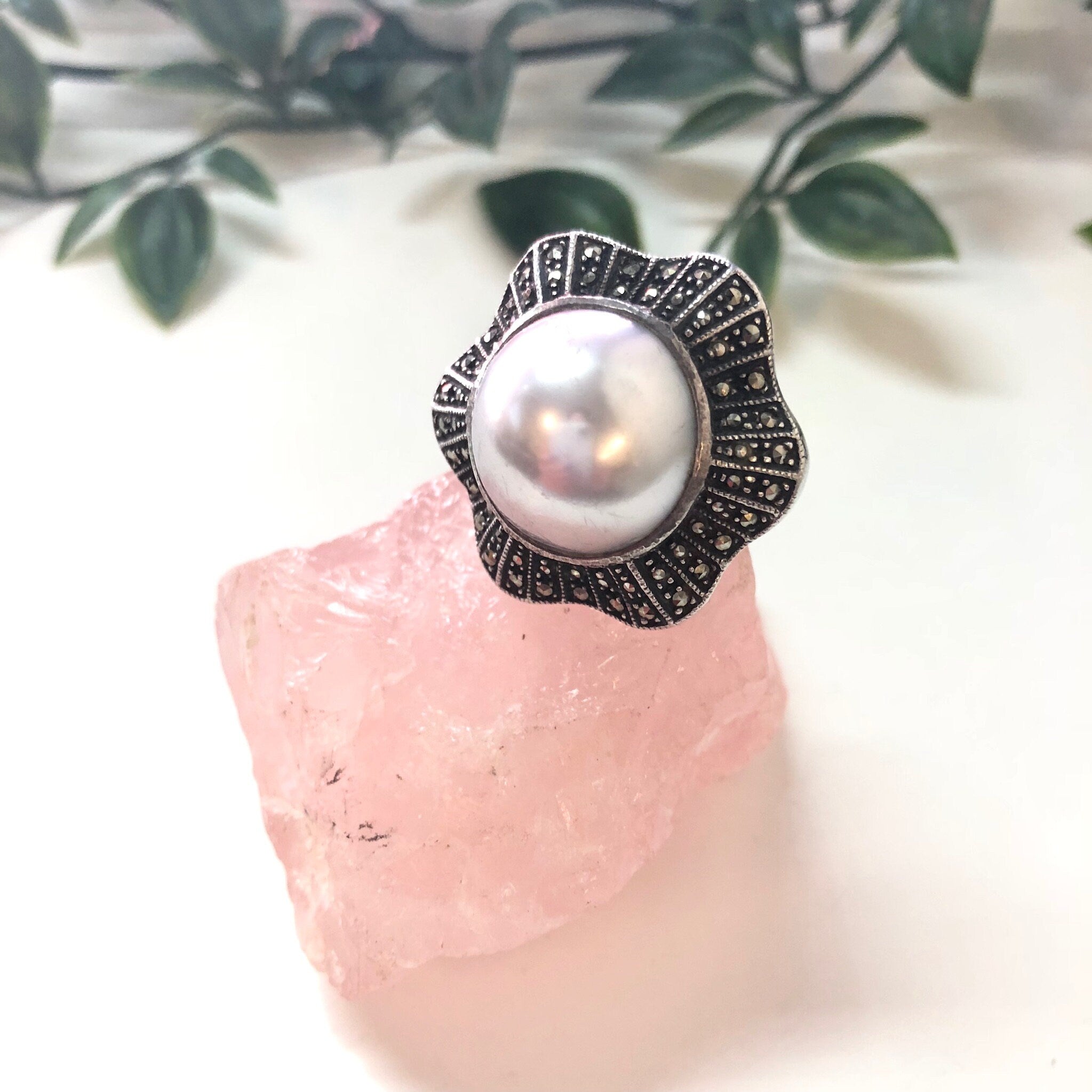 Vintage Art Deco Ring with Marcasite and Pearl, Large Cocktail Ring, Vintage Sterling Silver Ring, Flower Jewelry