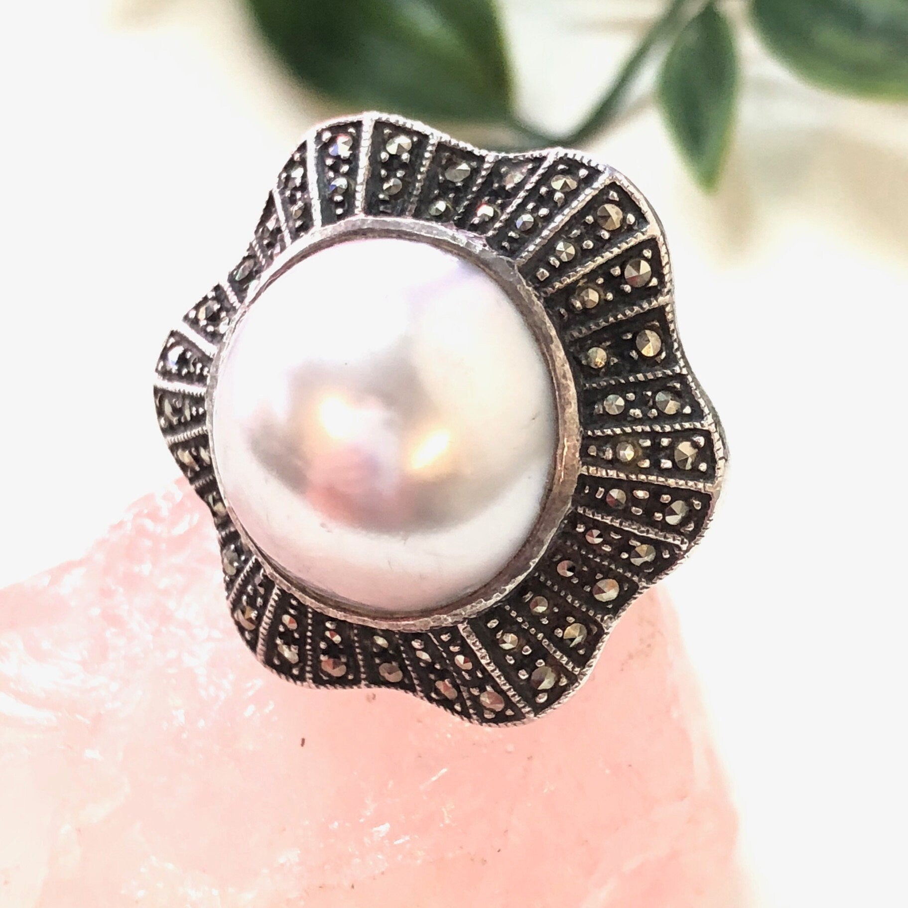 Vintage Art Deco Ring with Marcasite and Pearl, Large Cocktail Ring, Vintage Sterling Silver Ring, Flower Jewelry