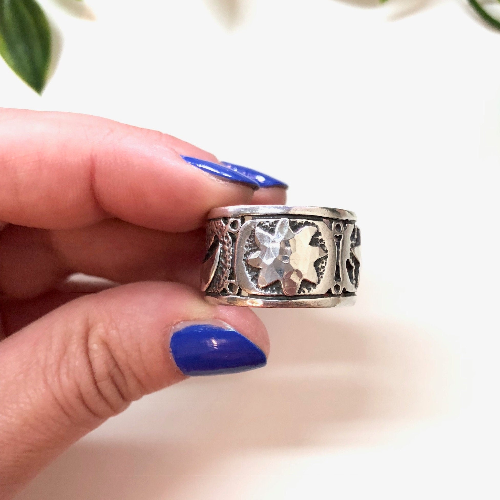 Vintage Sterling Silver Ring with Sun, Moon and Star, Hammered Silver Ring, Thick Band Ring, Cut Out Ring,