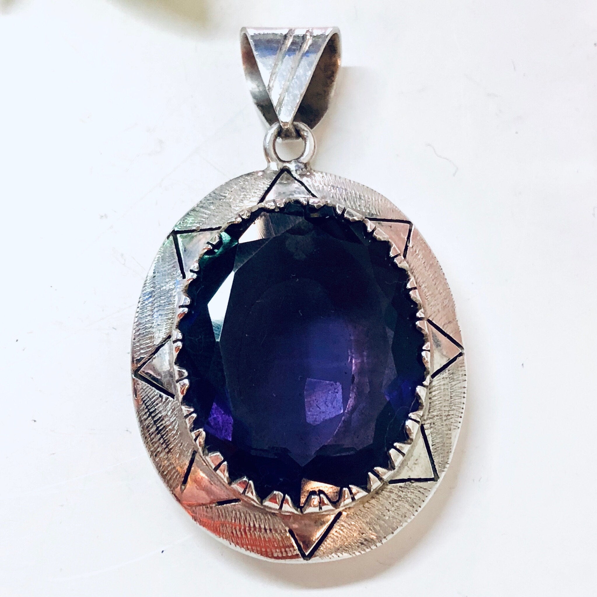 Vintage Silver Pendant, Large Pendant Necklace, Purple Gemstone Pendant