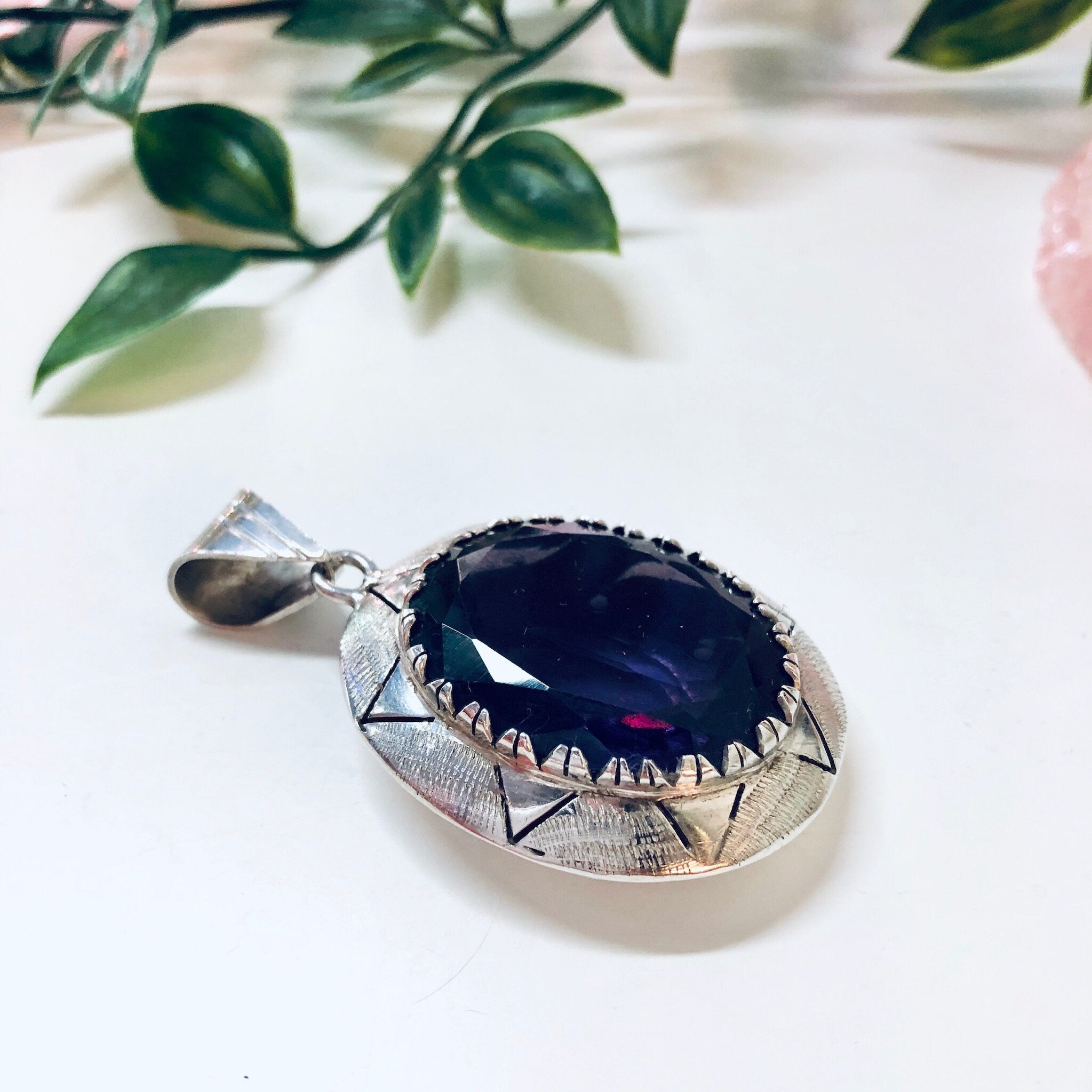 Vintage Silver Pendant, Large Pendant Necklace, Purple Gemstone Pendant