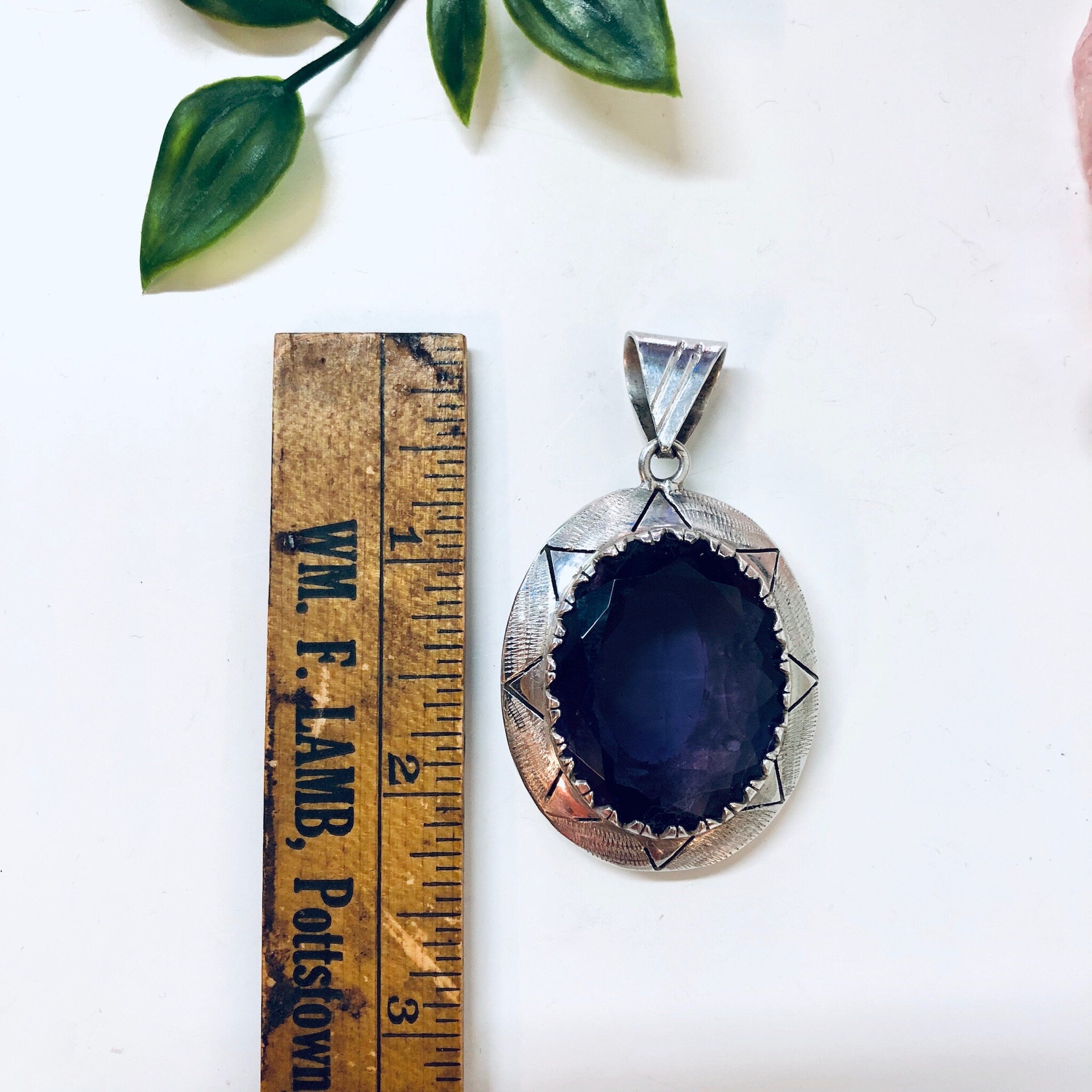 Vintage Silver Pendant, Large Pendant Necklace, Purple Gemstone Pendant