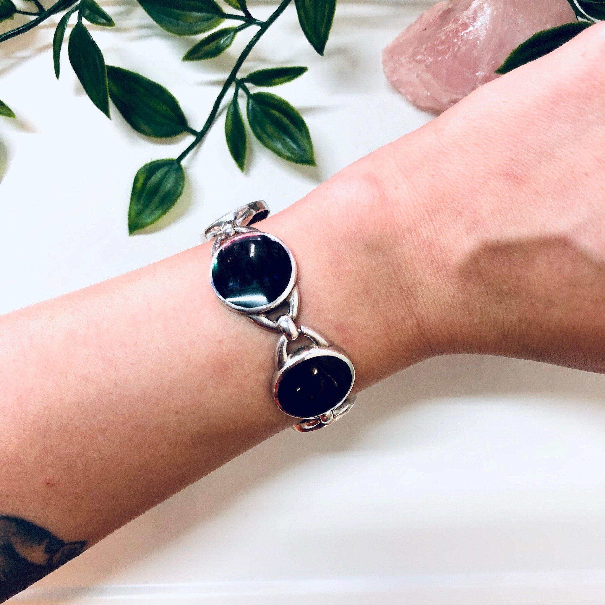 Vintage Silver Bracelet, Silver and Black Bracelet, Round Link Bracelet