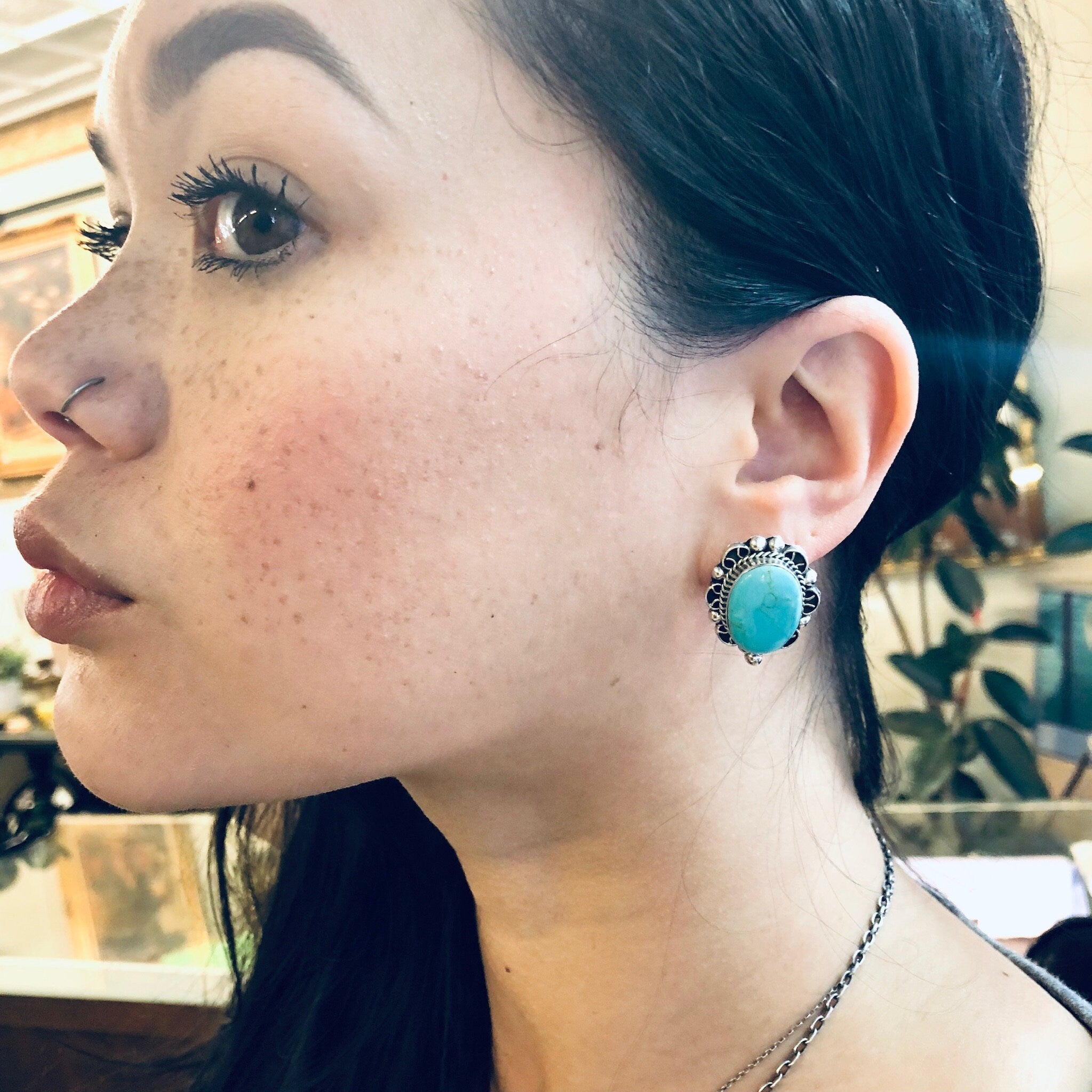 Vintage Silver Turquoise Earrings, Southwestern Jewelry, Post Earrings, Pierced Ears