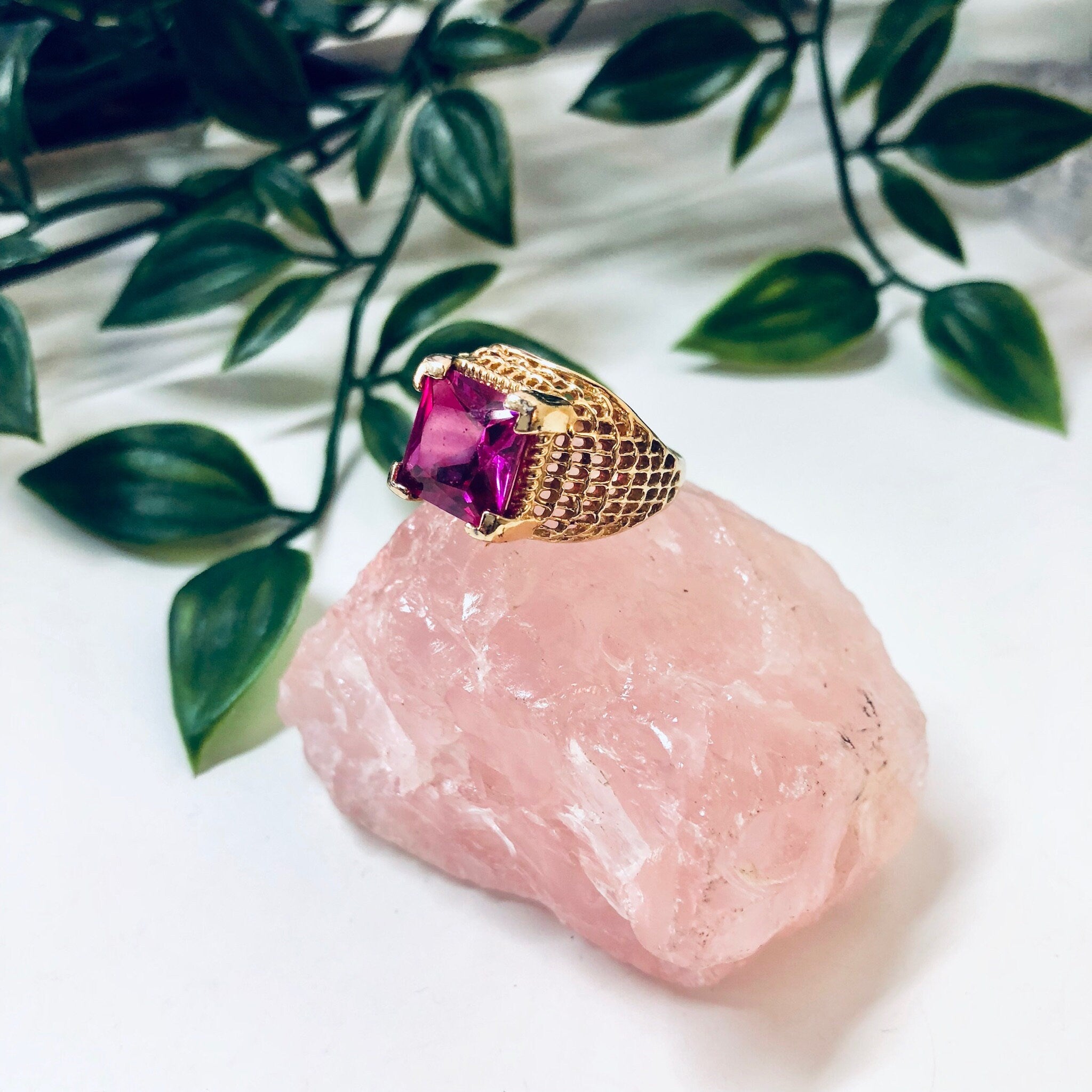Vintage Gold Toned Ring with Pink Stone, Costume Jewelry, Cocktail Ring, Statement Jewelry