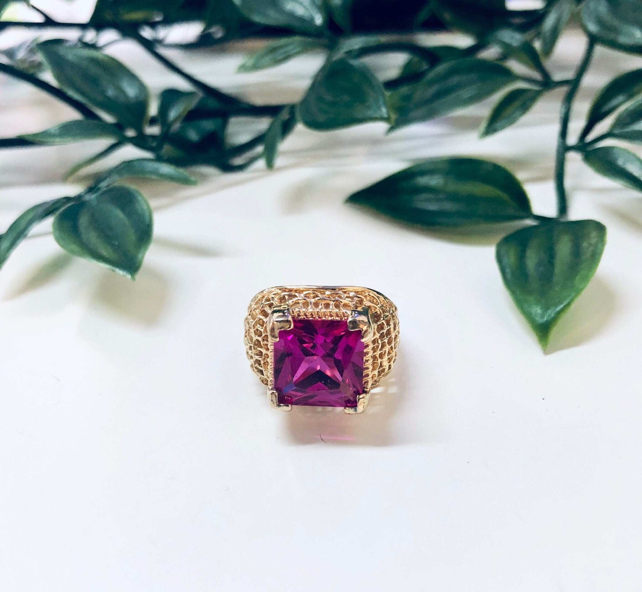 Vintage Gold Toned Ring with Pink Stone, Costume Jewelry, Cocktail Ring, Statement Jewelry