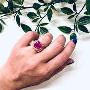 Vintage Gold Toned Ring with Pink Stone, Costume Jewelry, Cocktail Ring, Statement Jewelry
