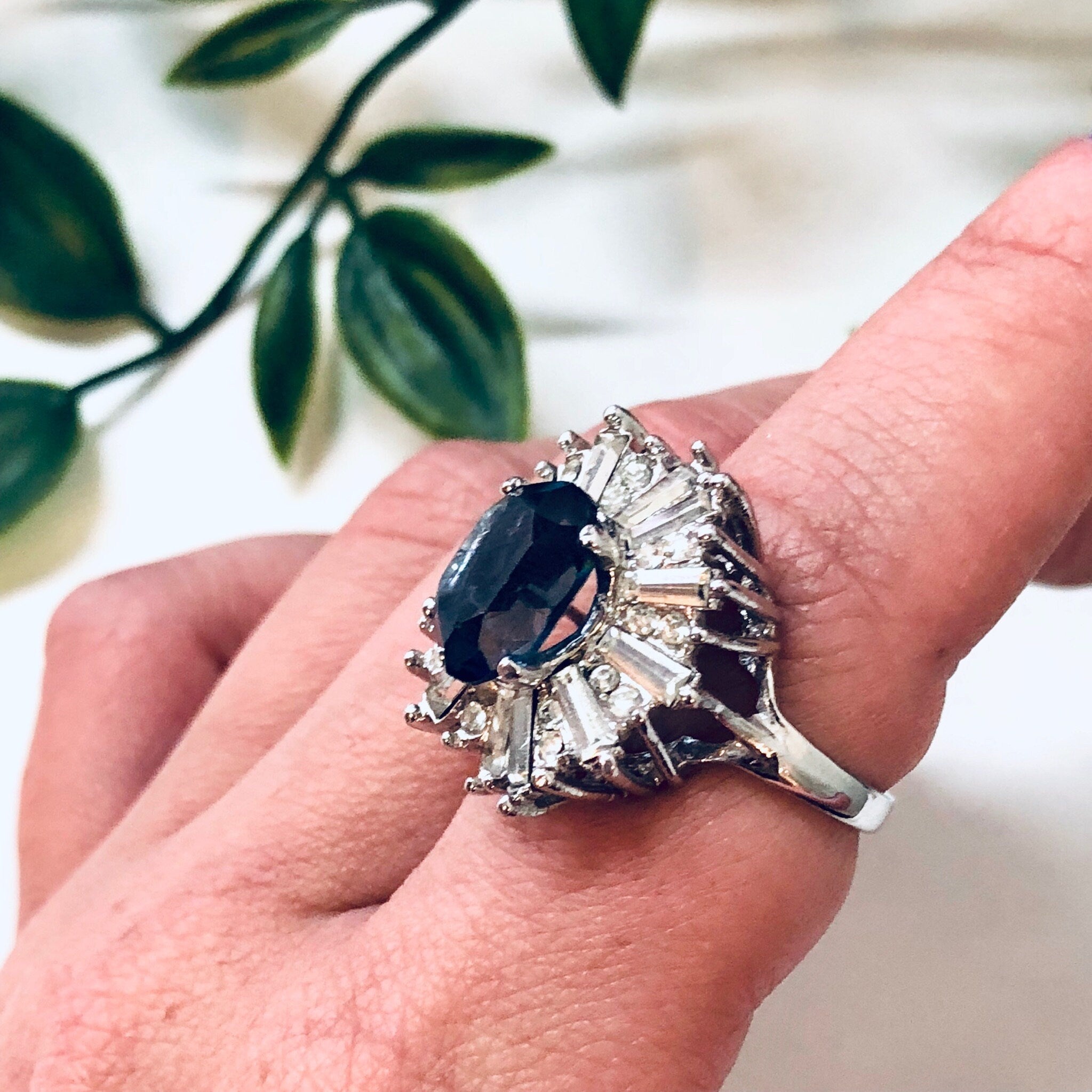 Vintage Art Deco Style Ring, Cocktail Ring, Art Deco Jewelry, Statement Jewelry, Blue Stone