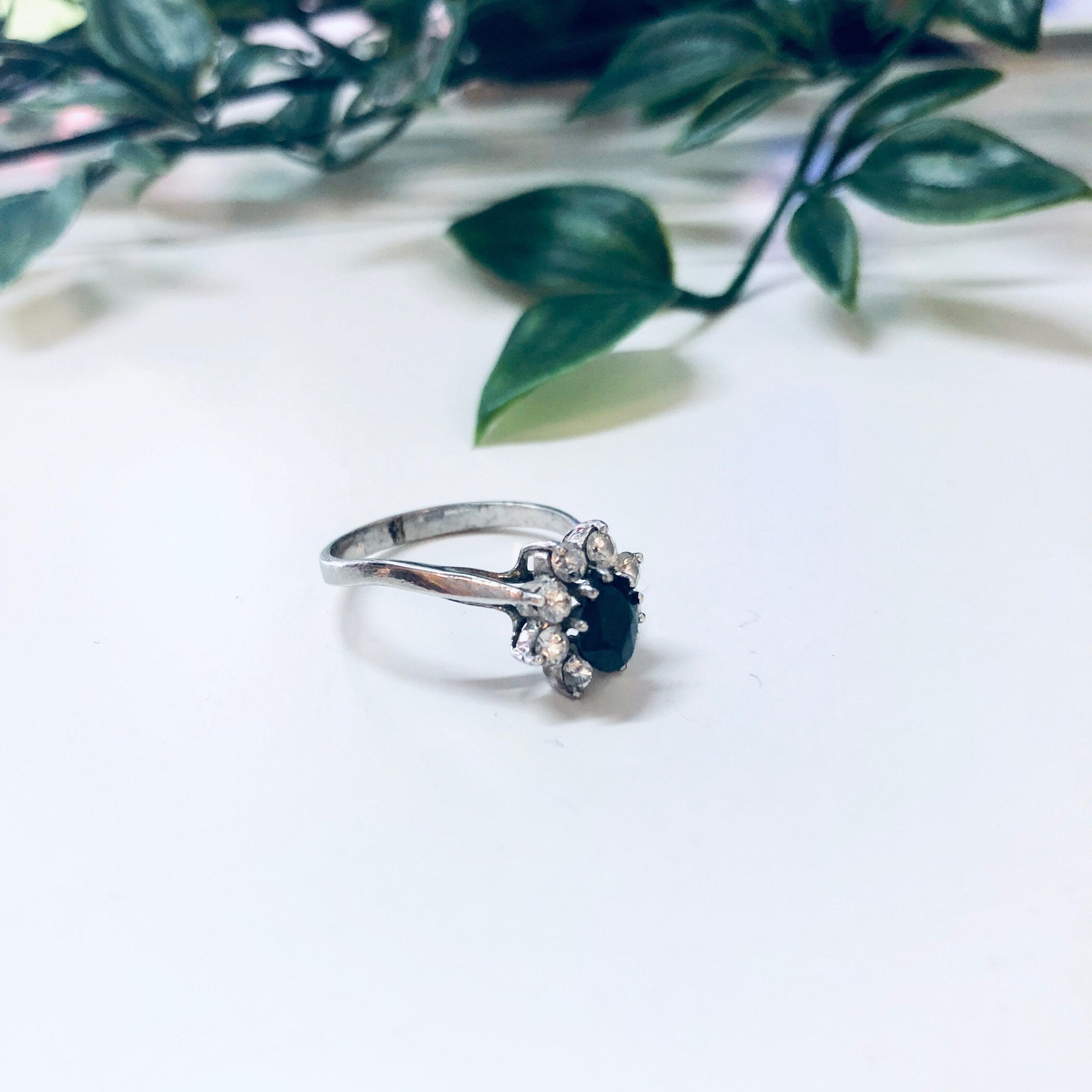 Vintage Ring with Black Stone and Faux Diamonds, Promise Ring, Engagement Ring