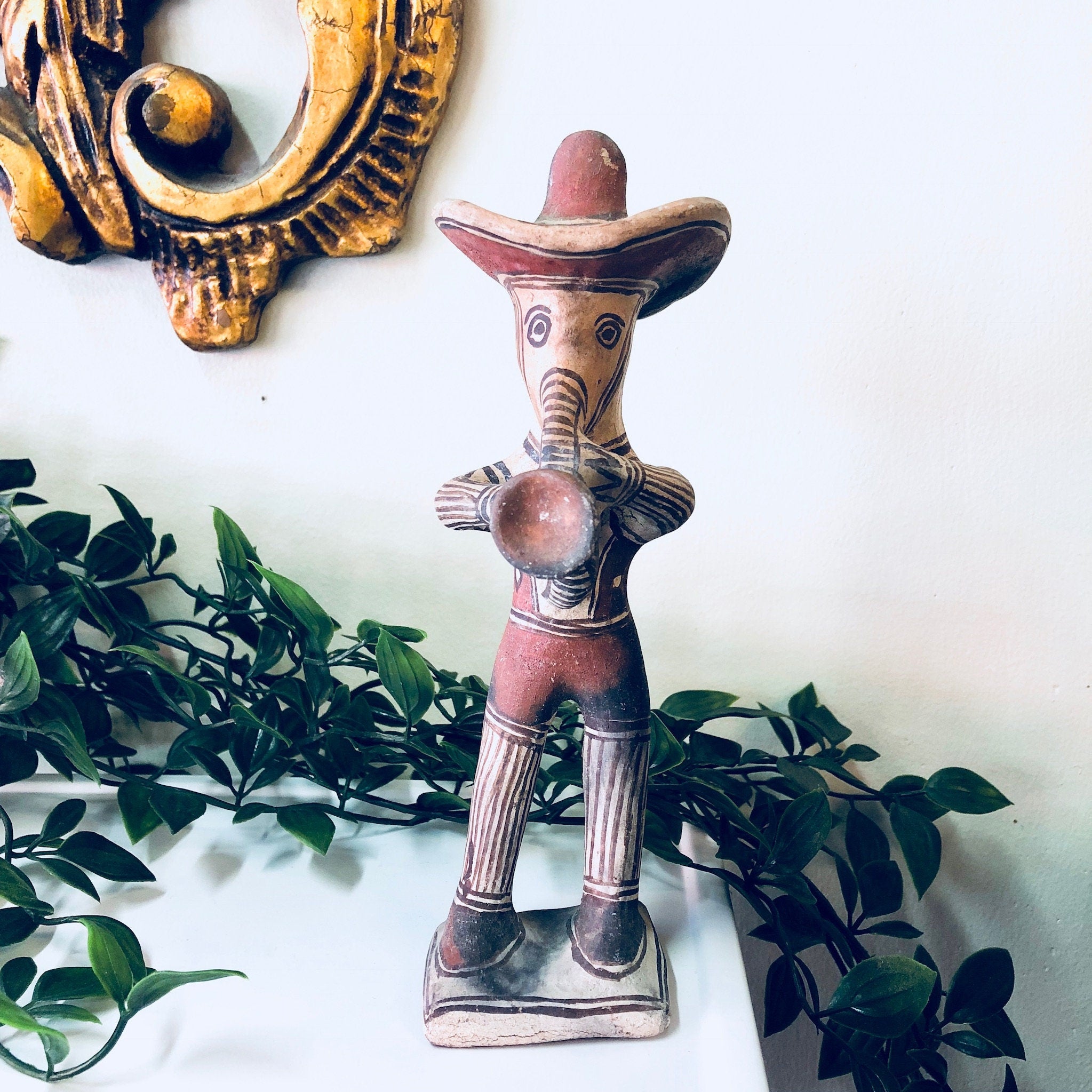 Vintage Figurine, Art, Vintage Home Decor, Painted Figurine, Ceramic, Clay Figurine, Rustic, Mantlepiece, Instrument, Sombrero, Trumpet