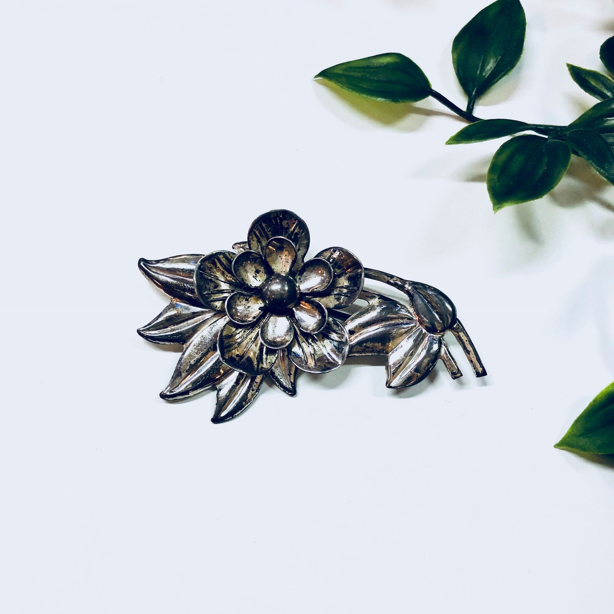 Vintage Silver Brooch, Sterling Silver, Vintage Jewelry, Vintage Pin, Floral Brooch, Flowers, Patina, Anniversary Gift, Large Brooch,Big Pin