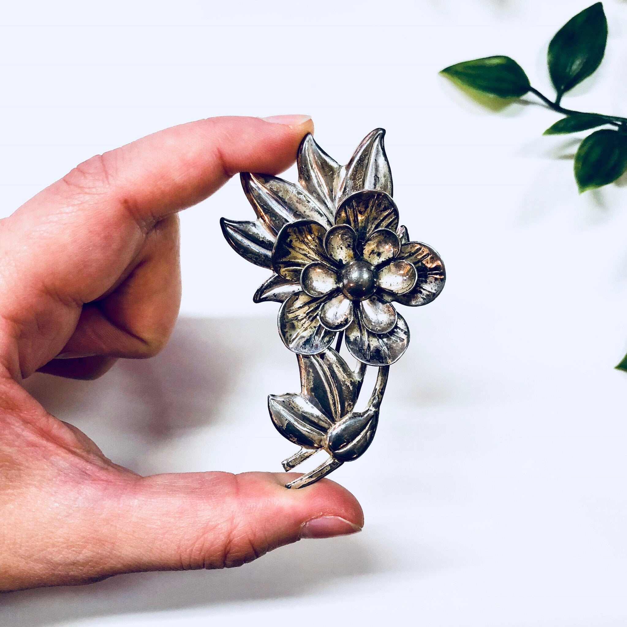 Vintage Silver Brooch, Sterling Silver, Vintage Jewelry, Vintage Pin, Floral Brooch, Flowers, Patina, Anniversary Gift, Large Brooch,Big Pin