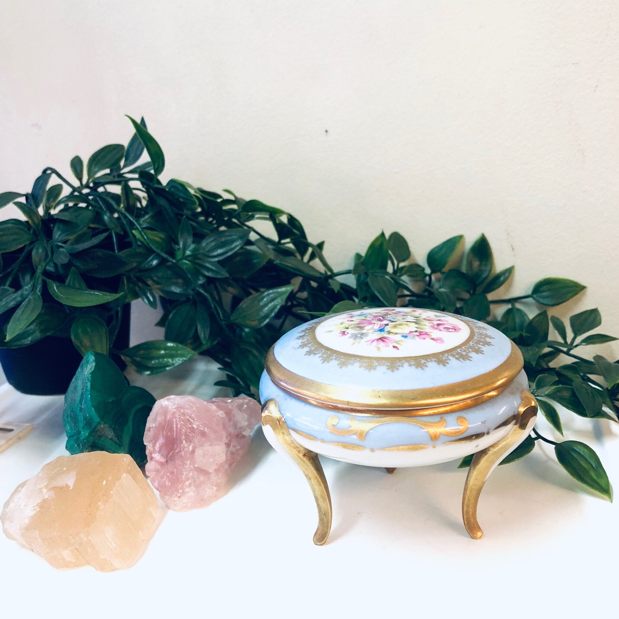 Vintage Limoges Lidded Dish with Tripod Stand, Three Legged Trinket Dish, Candy Dish, Small Lidded Dish, Limoges China, Light Blue, Floral