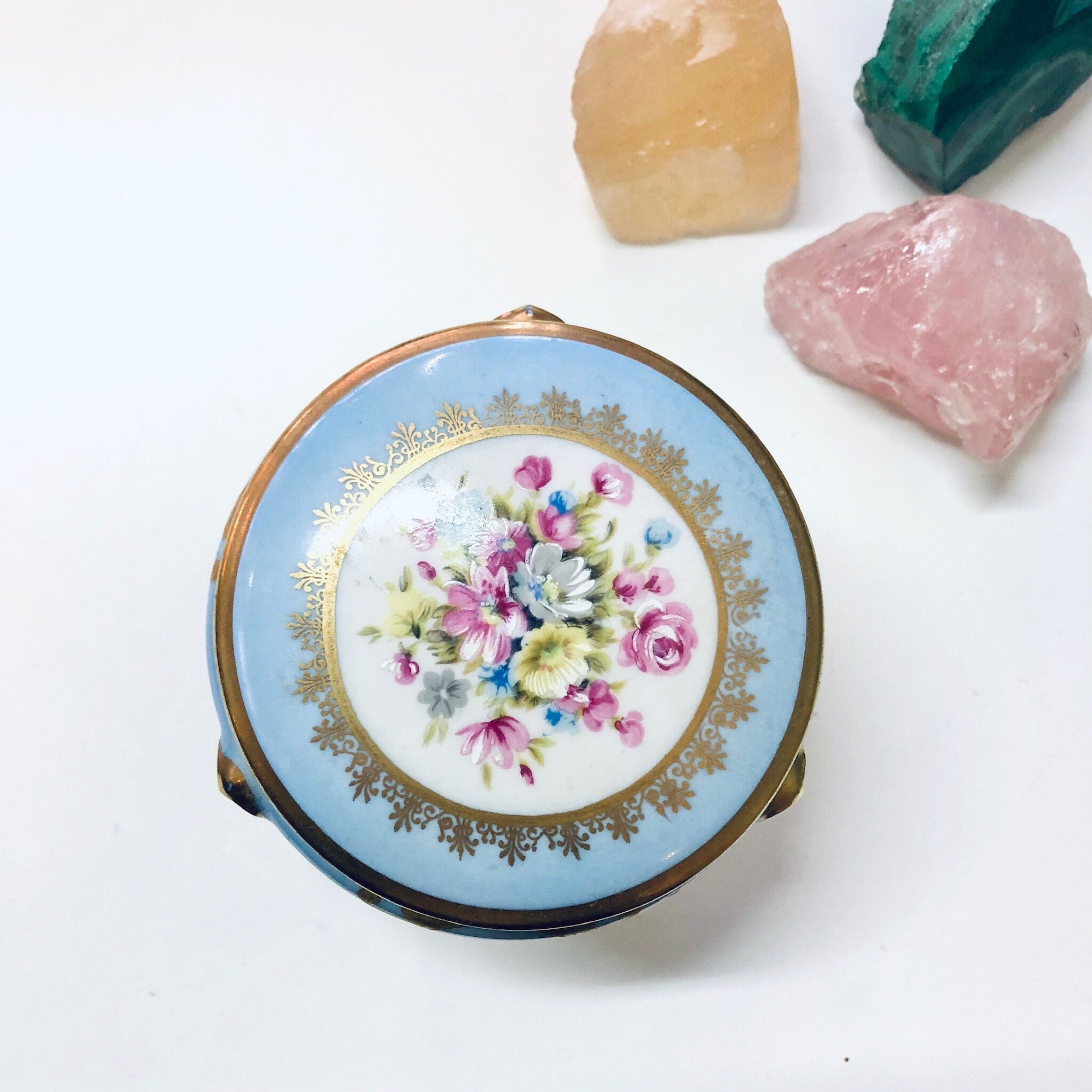 Vintage Limoges Lidded Dish with Tripod Stand, Three Legged Trinket Dish, Candy Dish, Small Lidded Dish, Limoges China, Light Blue, Floral
