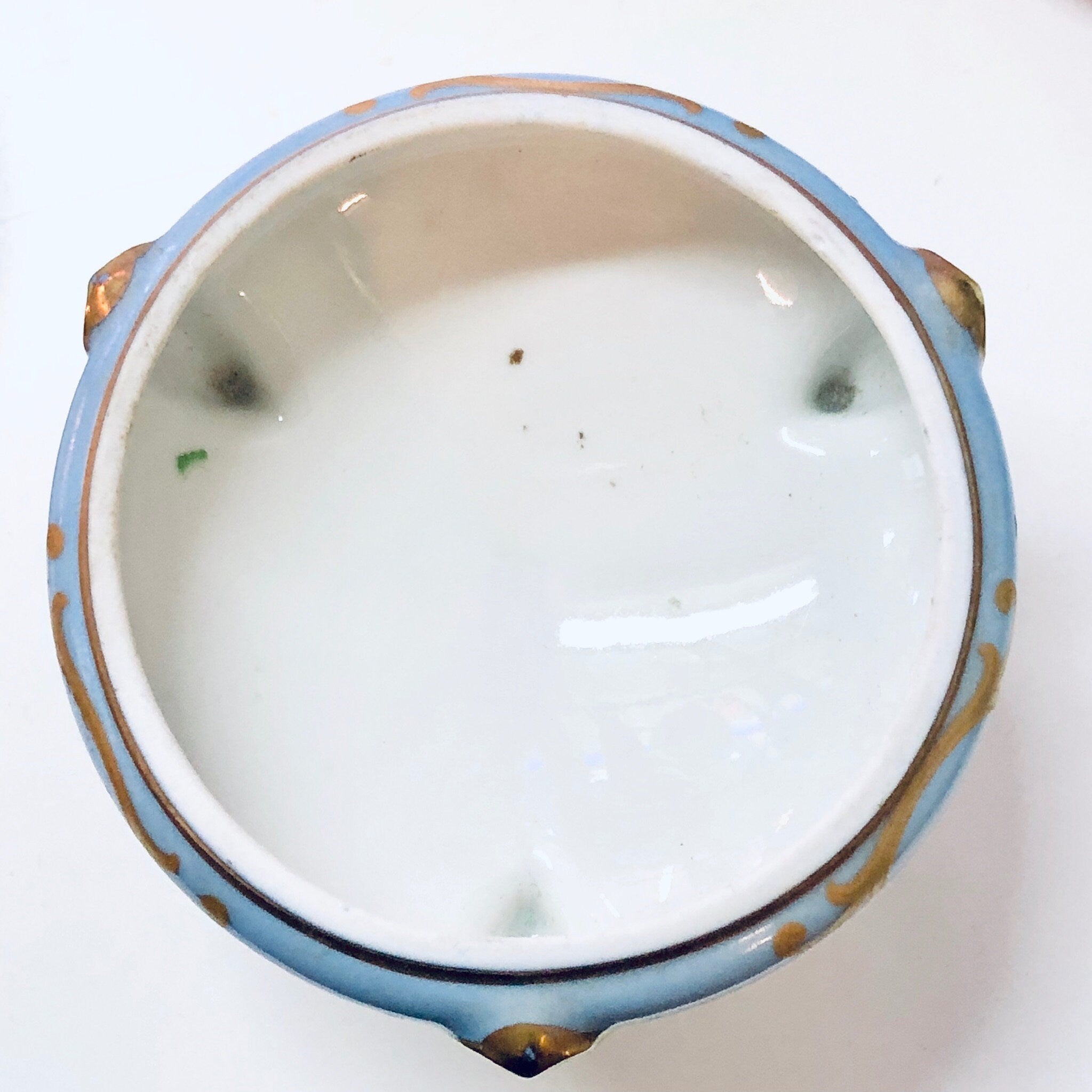 Vintage Limoges Lidded Dish with Tripod Stand, Three Legged Trinket Dish, Candy Dish, Small Lidded Dish, Limoges China, Light Blue, Floral