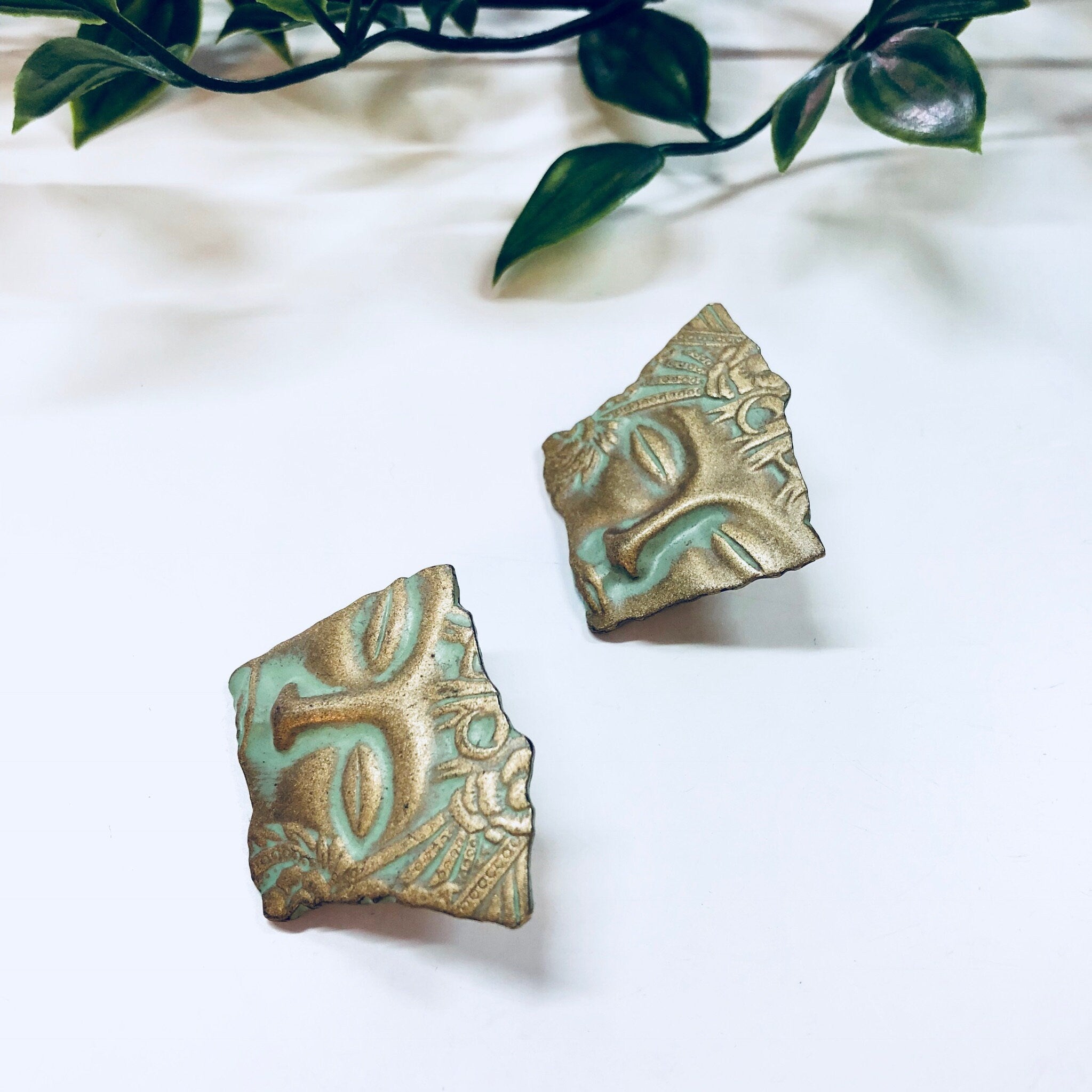 Vintage Earrings, Face Earrings, Art Deco, Costume Jewelry, Vintage Jewelry, Statement Jewelry, Fairy, Green, Gold, Patina, Pierced Ears