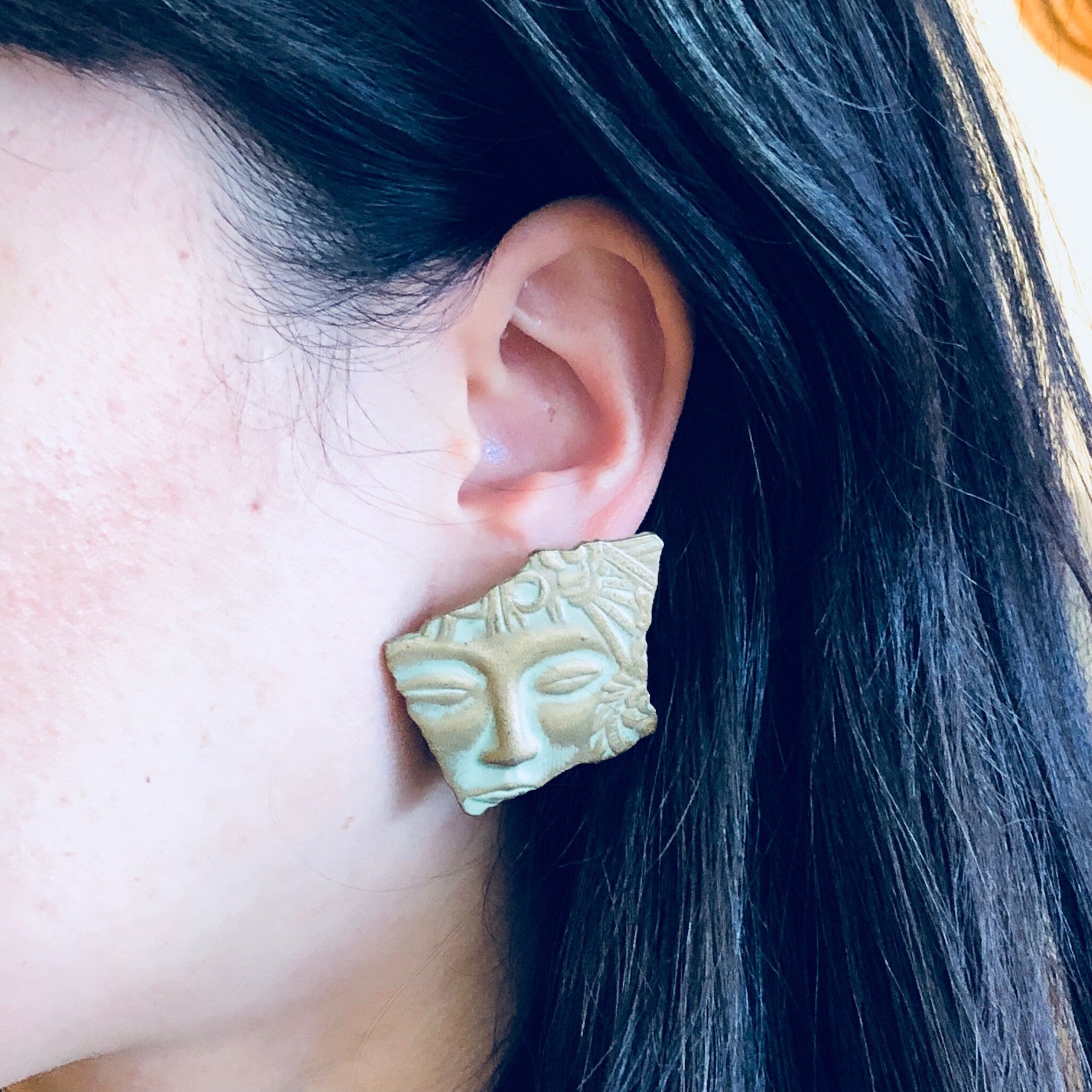 Vintage Earrings, Face Earrings, Art Deco, Costume Jewelry, Vintage Jewelry, Statement Jewelry, Fairy, Green, Gold, Patina, Pierced Ears