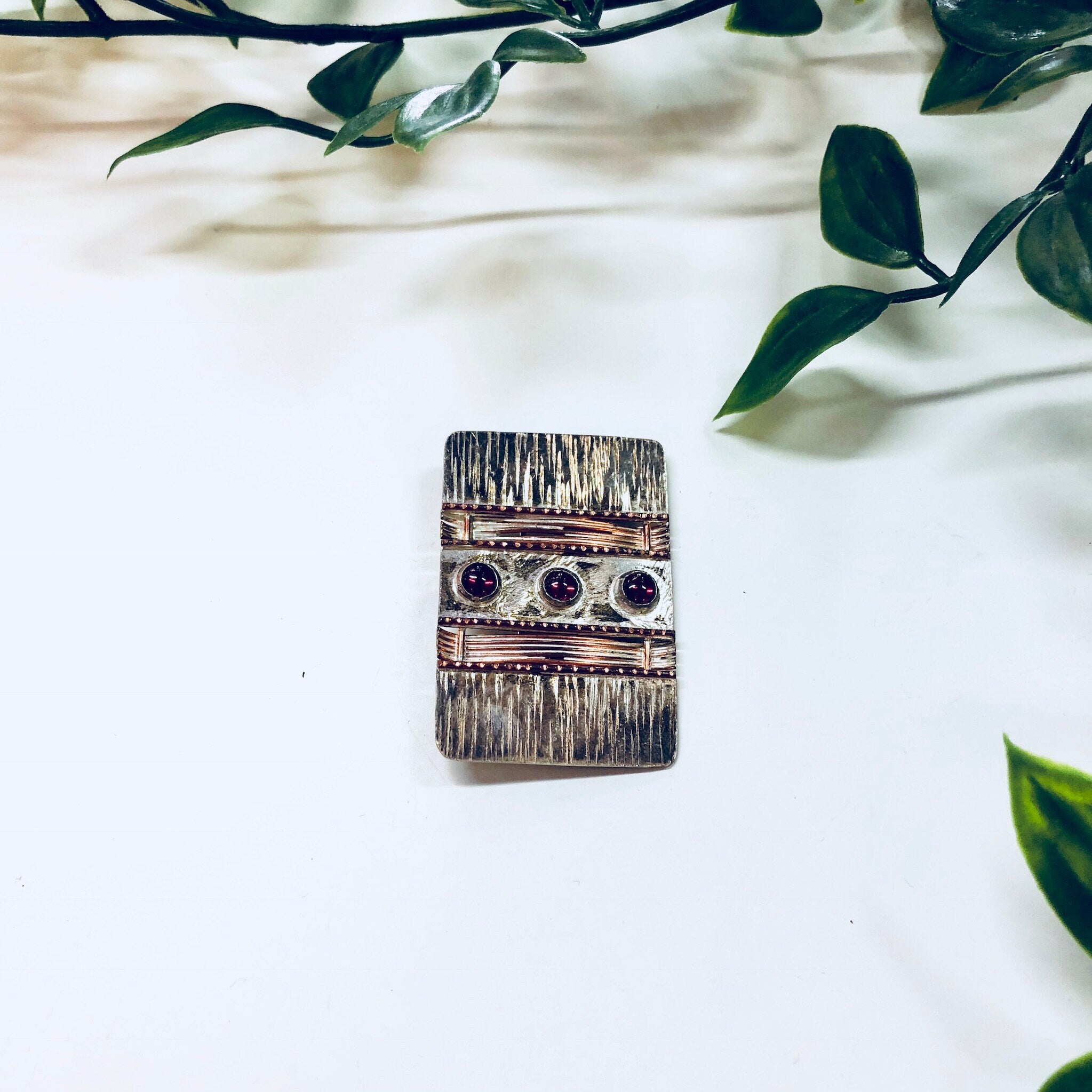 Vintage Brooch, Sterling Silver, Silver Brooch, Vintage Pin, Copper Brooch, Red Stones, Anniversary Gift, Vintage Jewelry, Red Jewelry