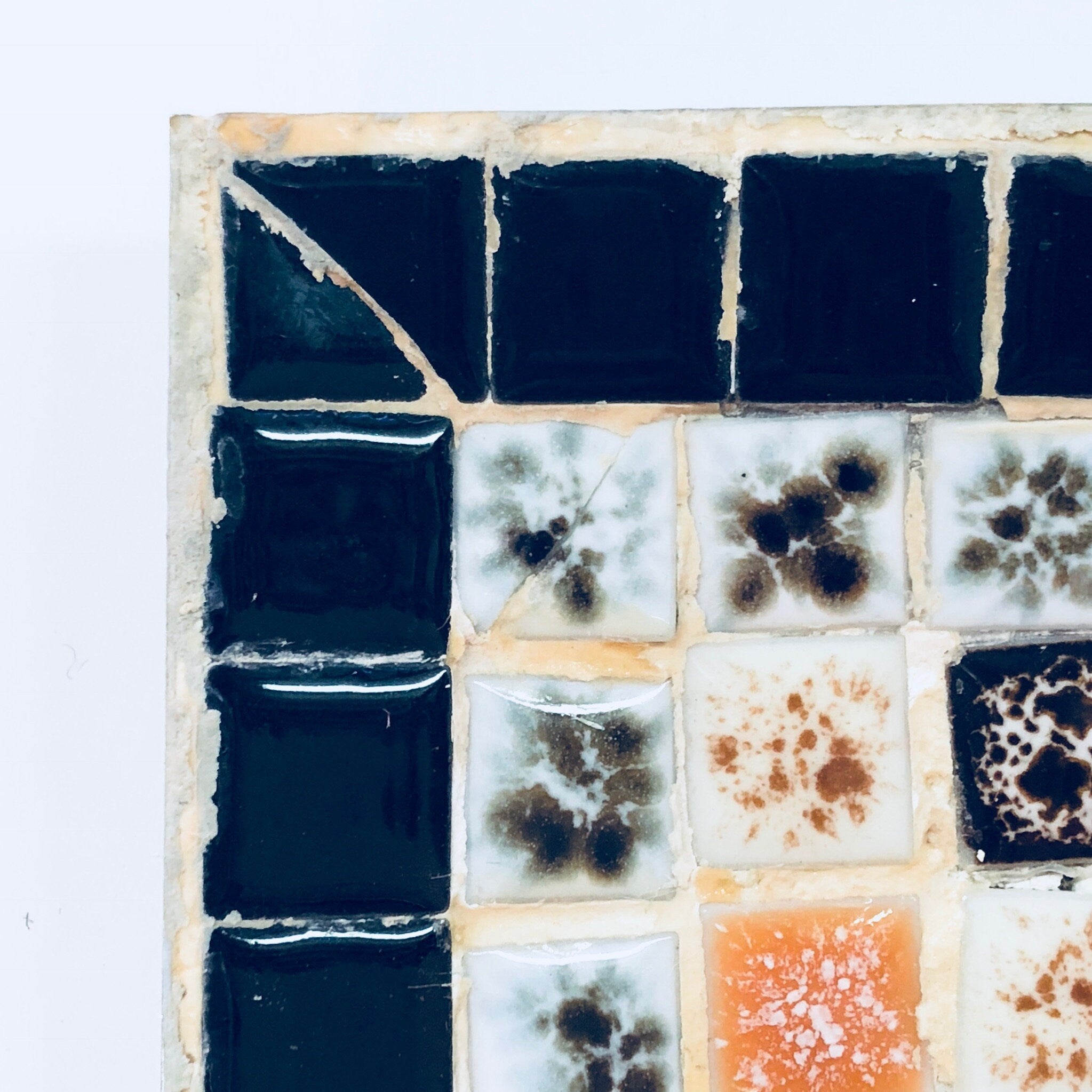 Catch All Dish, Jewelry Dish, Ring Dish, Trinket, Mosaic, TIle, Black, Metal, White, Orange, Brown, Vintage Home Decor, Bedside Table, Rings