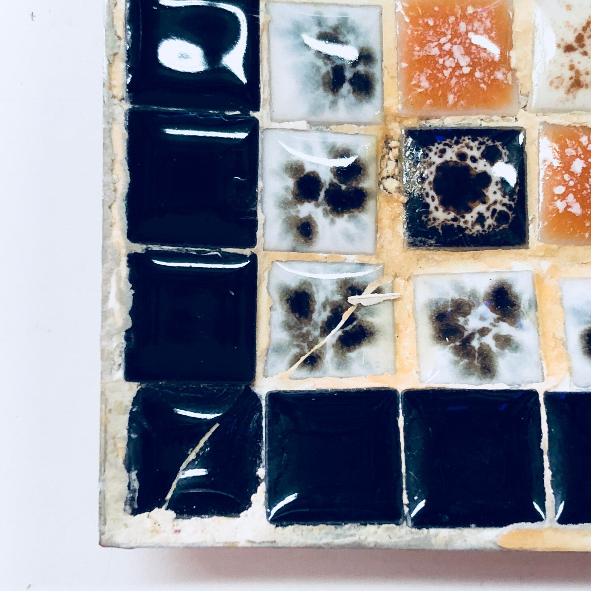 Catch All Dish, Jewelry Dish, Ring Dish, Trinket, Mosaic, TIle, Black, Metal, White, Orange, Brown, Vintage Home Decor, Bedside Table, Rings