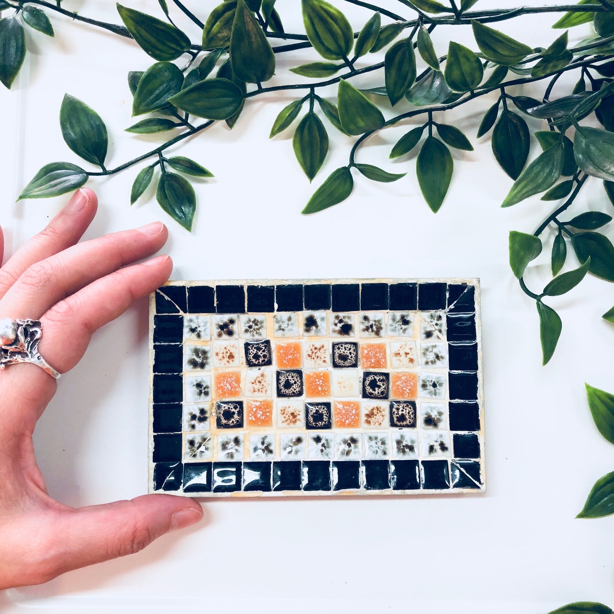 Catch All Dish, Jewelry Dish, Ring Dish, Trinket, Mosaic, TIle, Black, Metal, White, Orange, Brown, Vintage Home Decor, Bedside Table, Rings