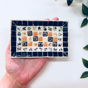Catch All Dish, Jewelry Dish, Ring Dish, Trinket, Mosaic, TIle, Black, Metal, White, Orange, Brown, Vintage Home Decor, Bedside Table, Rings