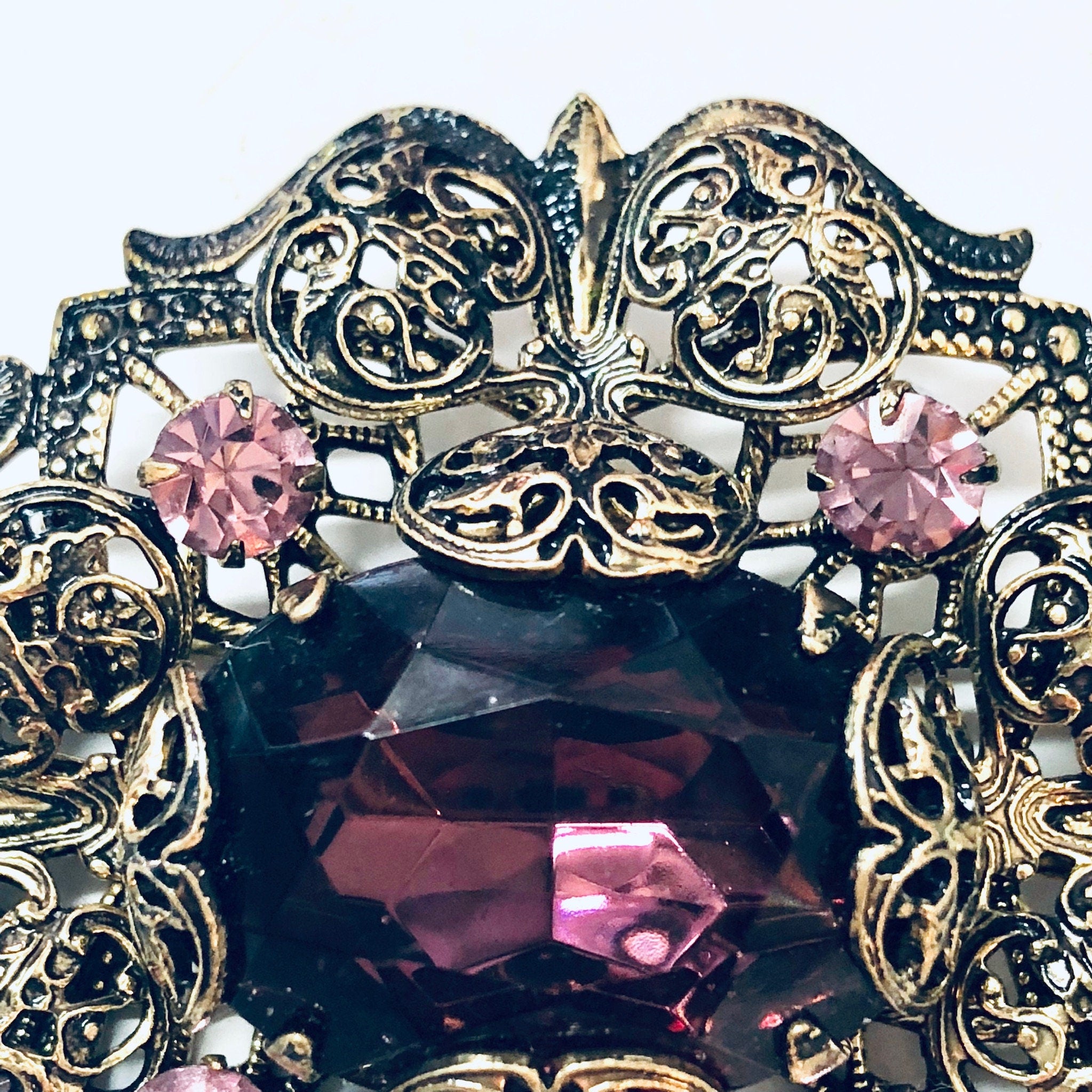 Vintage Brooch, Gold Toned Brooch, Purple Brooch, Costume Jewelry, Pink and Purple Jewelry