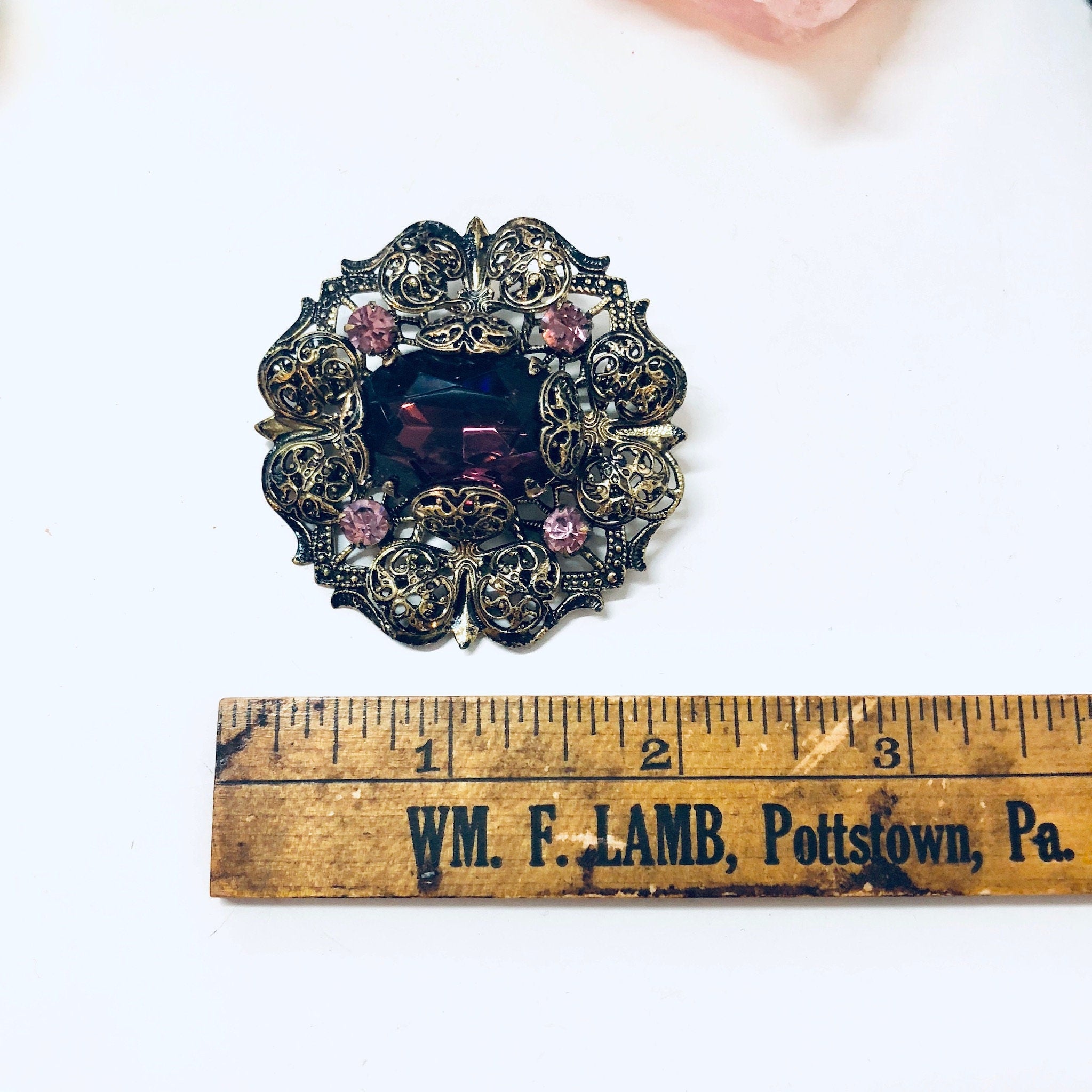 Vintage Brooch, Gold Toned Brooch, Purple Brooch, Costume Jewelry, Pink and Purple Jewelry