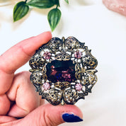 Vintage Brooch, Gold Toned Brooch, Purple Brooch, Costume Jewelry, Pink and Purple Jewelry
