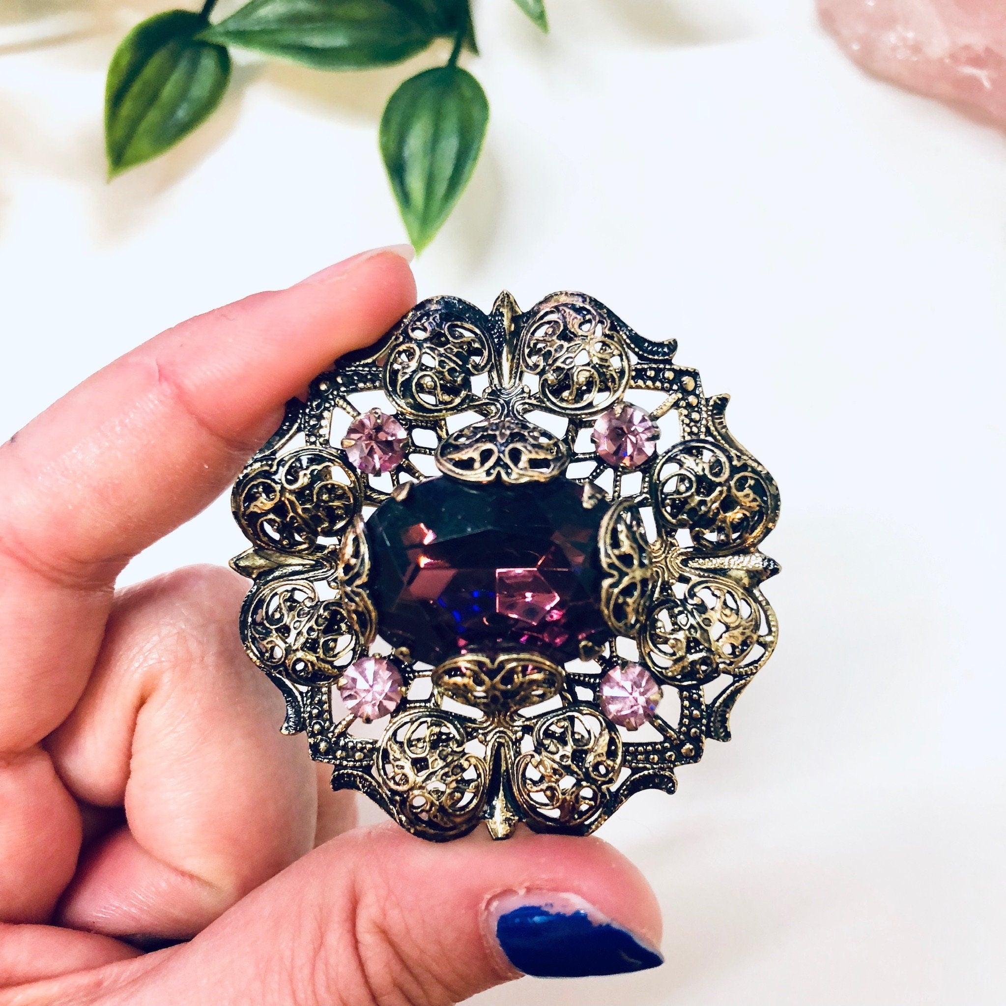 Vintage Brooch, Gold Toned Brooch, Purple Brooch, Costume Jewelry, Pink and Purple Jewelry