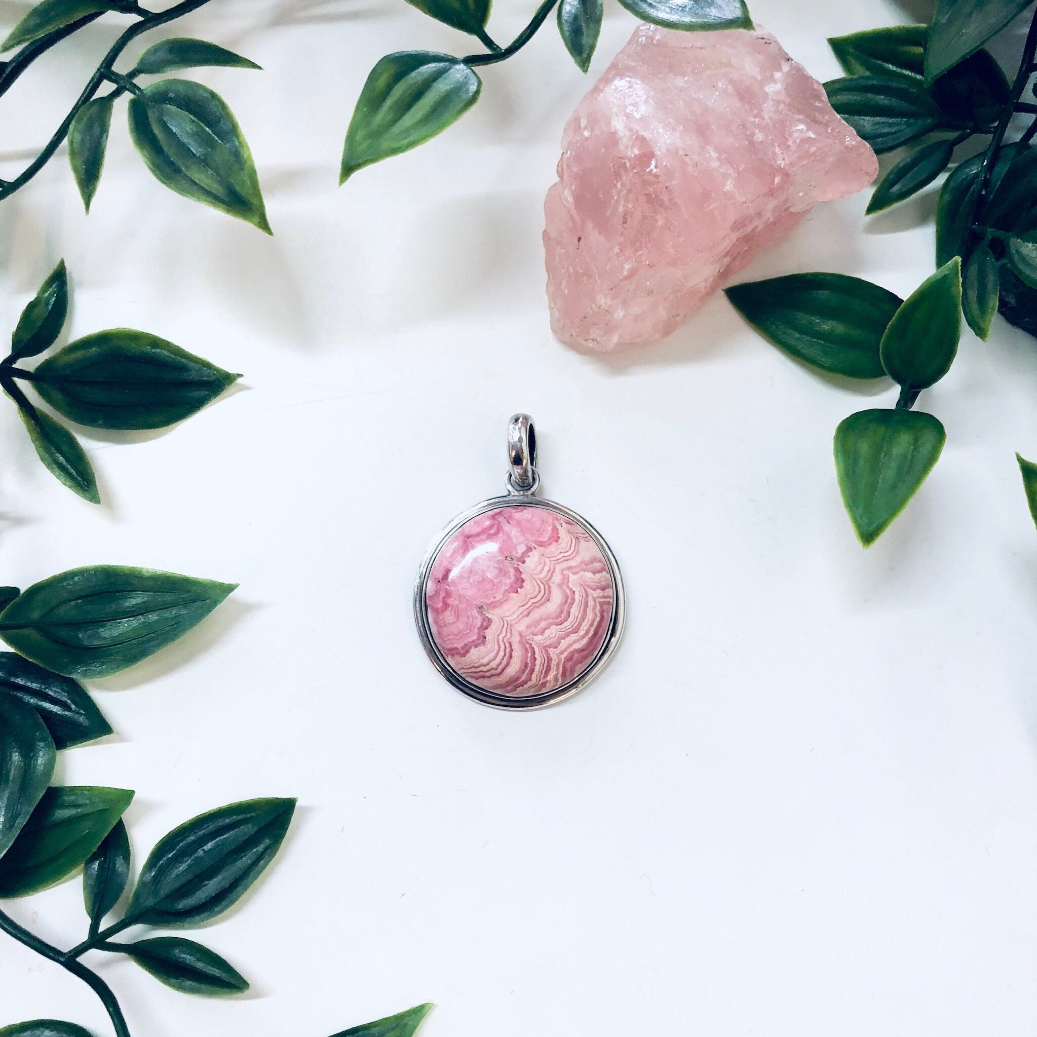 Pink Rhodochrosite Pendant, Sterling Silver Pendant, Necklace, Pink and White, Circular Pendant, Pink Jewelry, Vintage Jewelry, 925