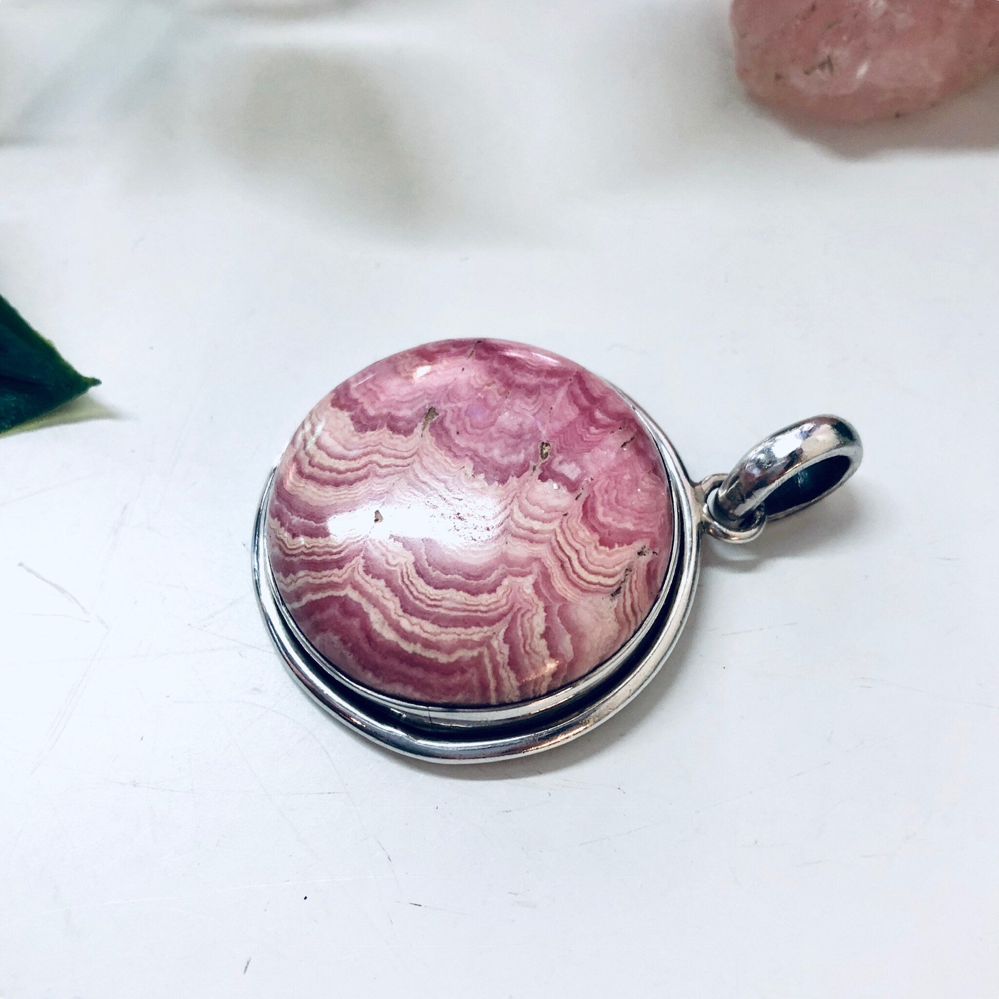 Pink Rhodochrosite Pendant, Sterling Silver Pendant, Necklace, Pink and White, Circular Pendant, Pink Jewelry, Vintage Jewelry, 925