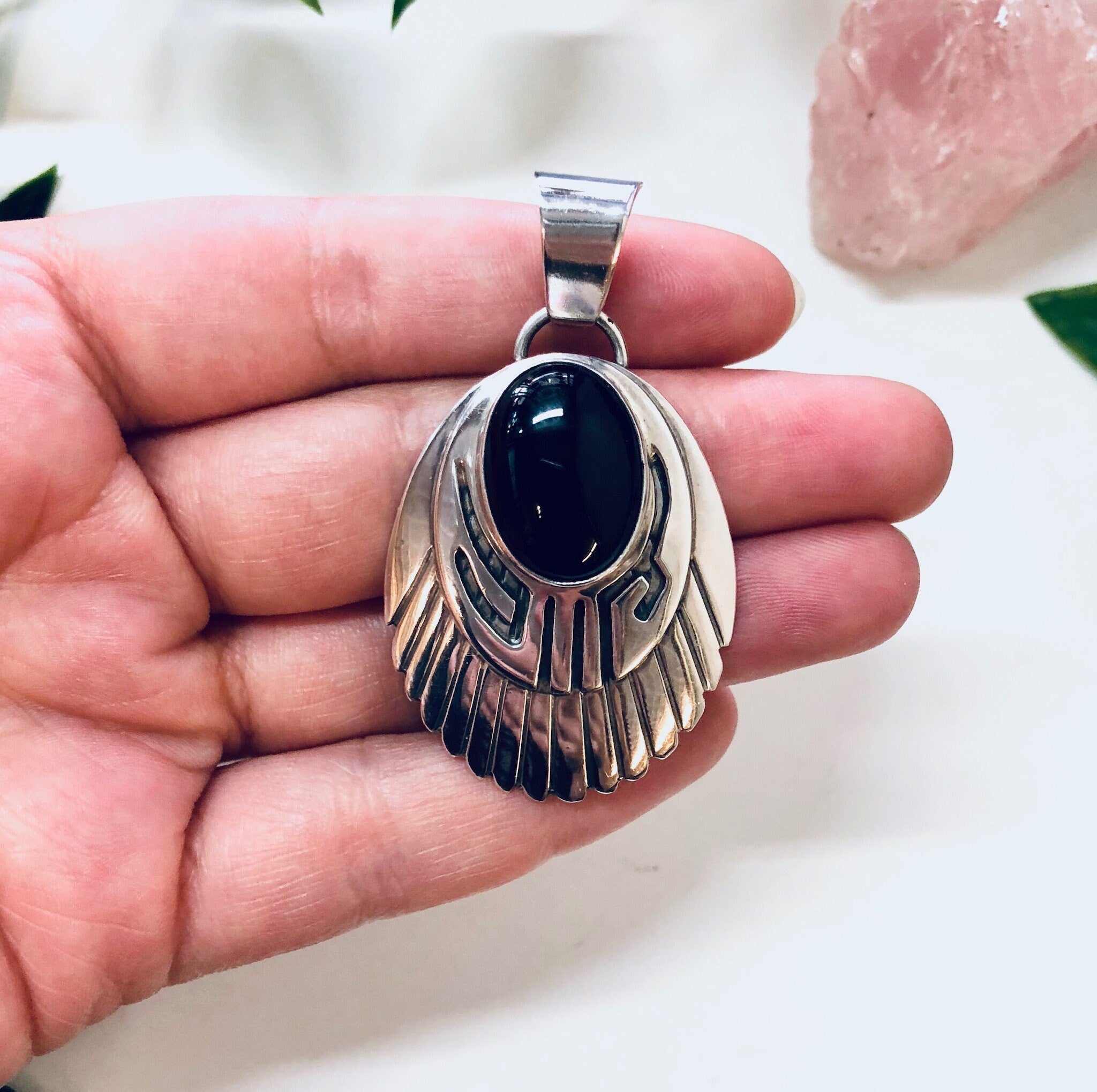 Vintage Pendant, Black Onyx Pendant, Onyx Jewelry, Sterling Silver Pendant, Southwestern Jewelry, Black and Silver, Vintage Necklace