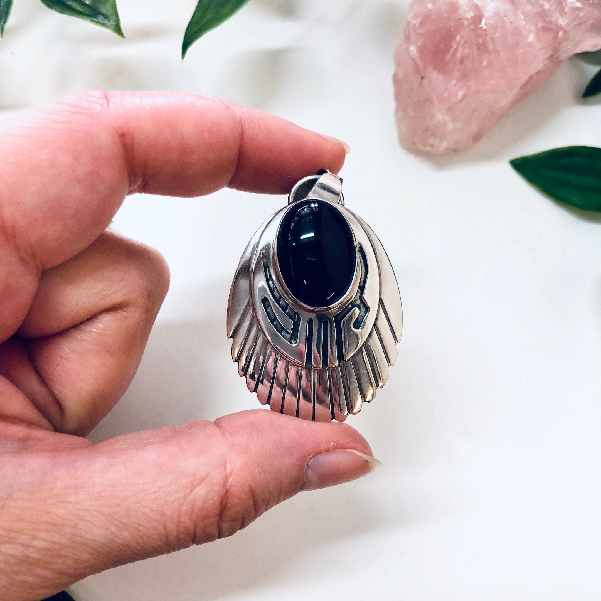 Vintage Pendant, Black Onyx Pendant, Onyx Jewelry, Sterling Silver Pendant, Southwestern Jewelry, Black and Silver, Vintage Necklace