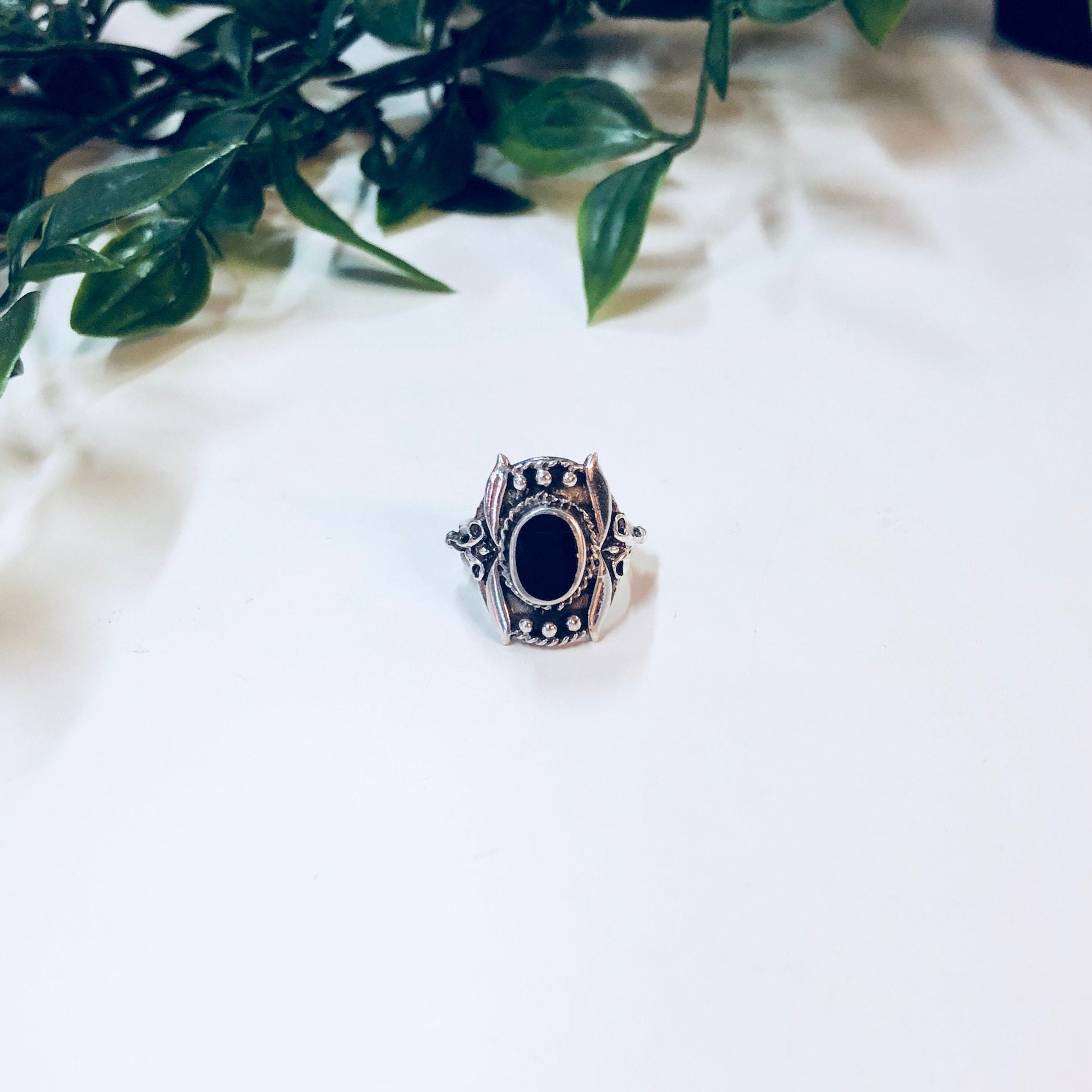 Vintage Silver Ring, Sterling Silver, Vintage Jewelry, Black Onyx, Ornate Ring, Small Ring, Pinky Ring, Silver and Black, 925, Engagement