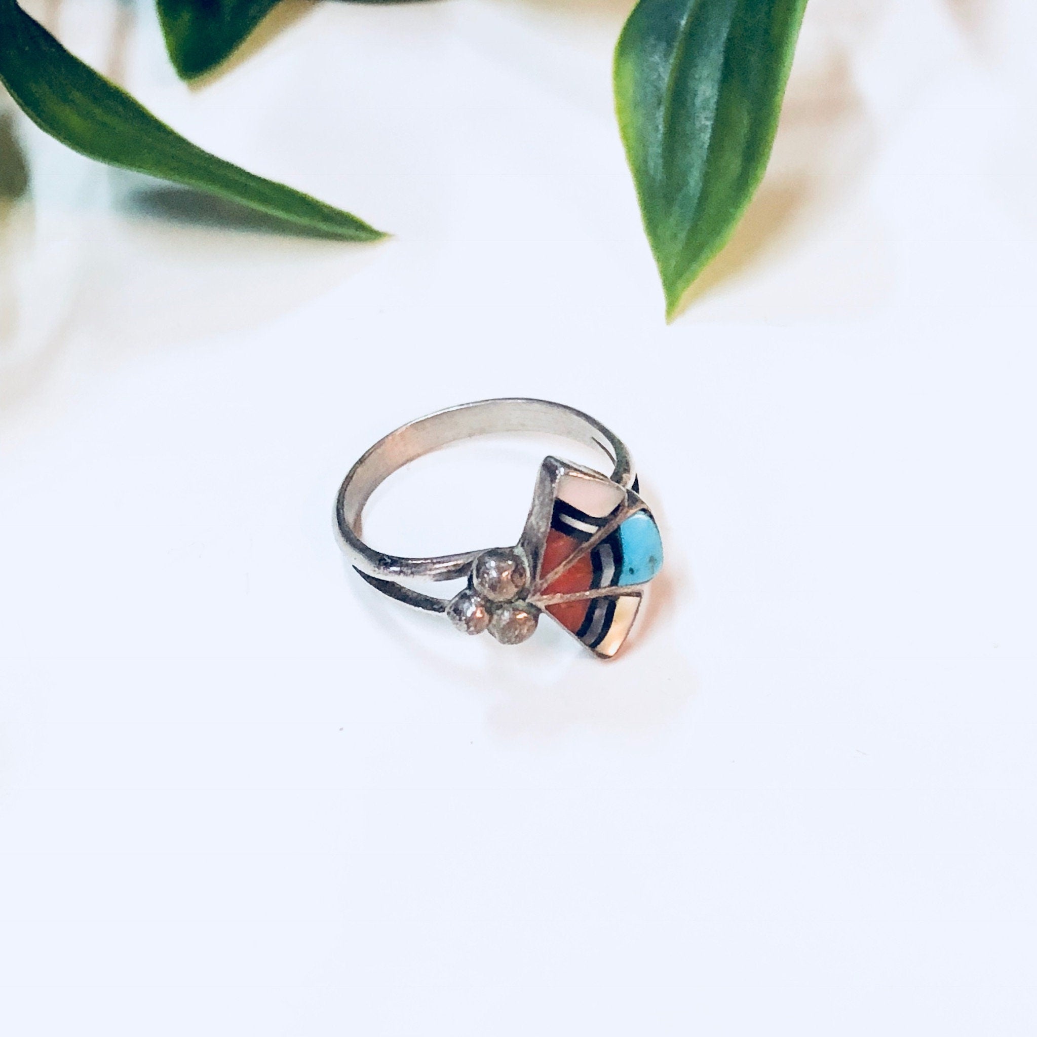 Vintage Silver Ring, Sterling Silver, Vintage Jewelry, Turquoise Ring, Coral, Mother of Pearl, Blue, Red, White, Southwestern Jewelry, 925