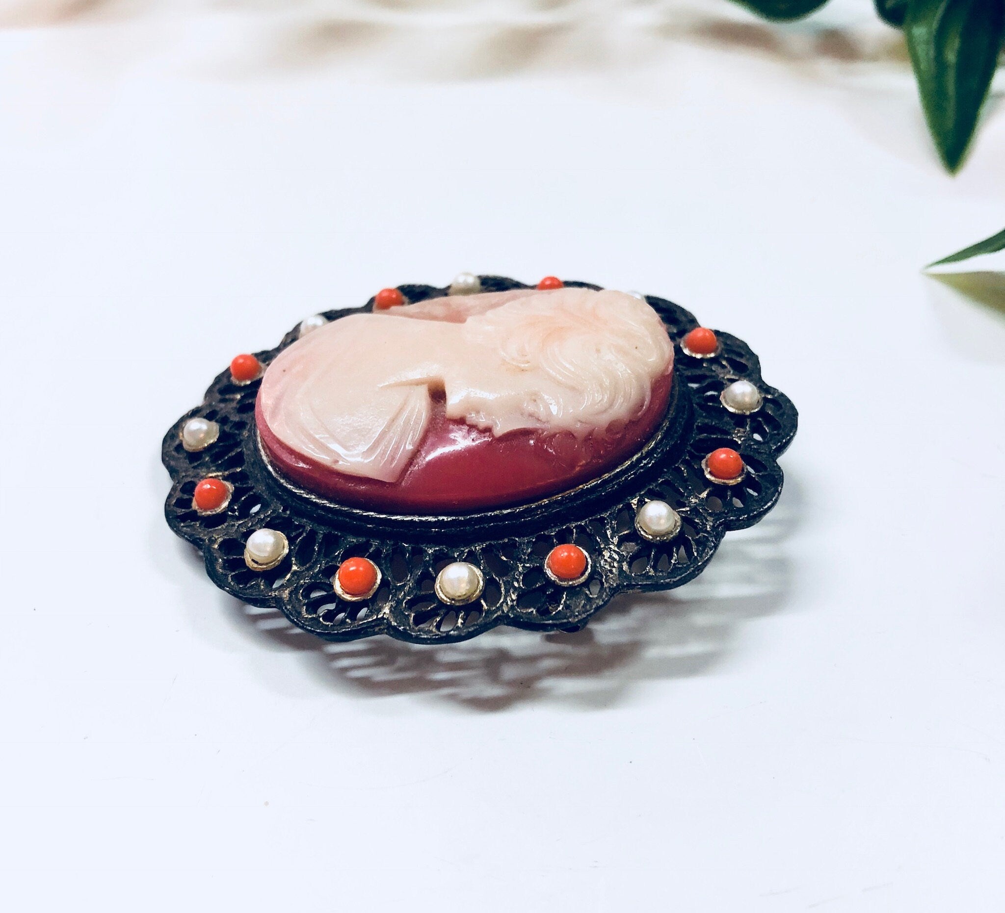Vintage Beaded Cameo Brooch and Pendant