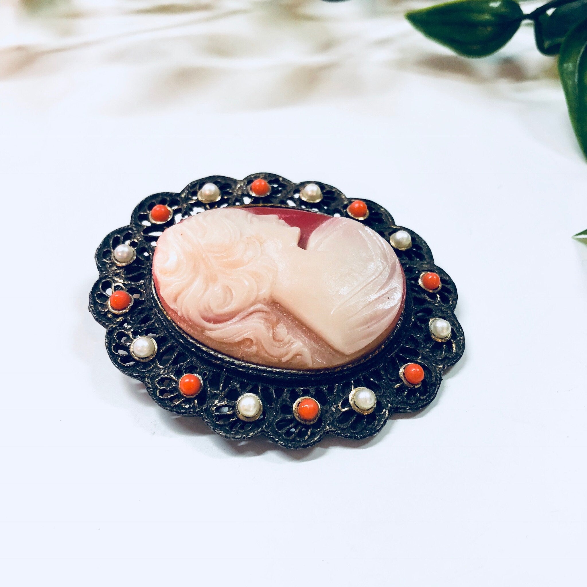 Vintage Beaded Cameo Brooch and Pendant