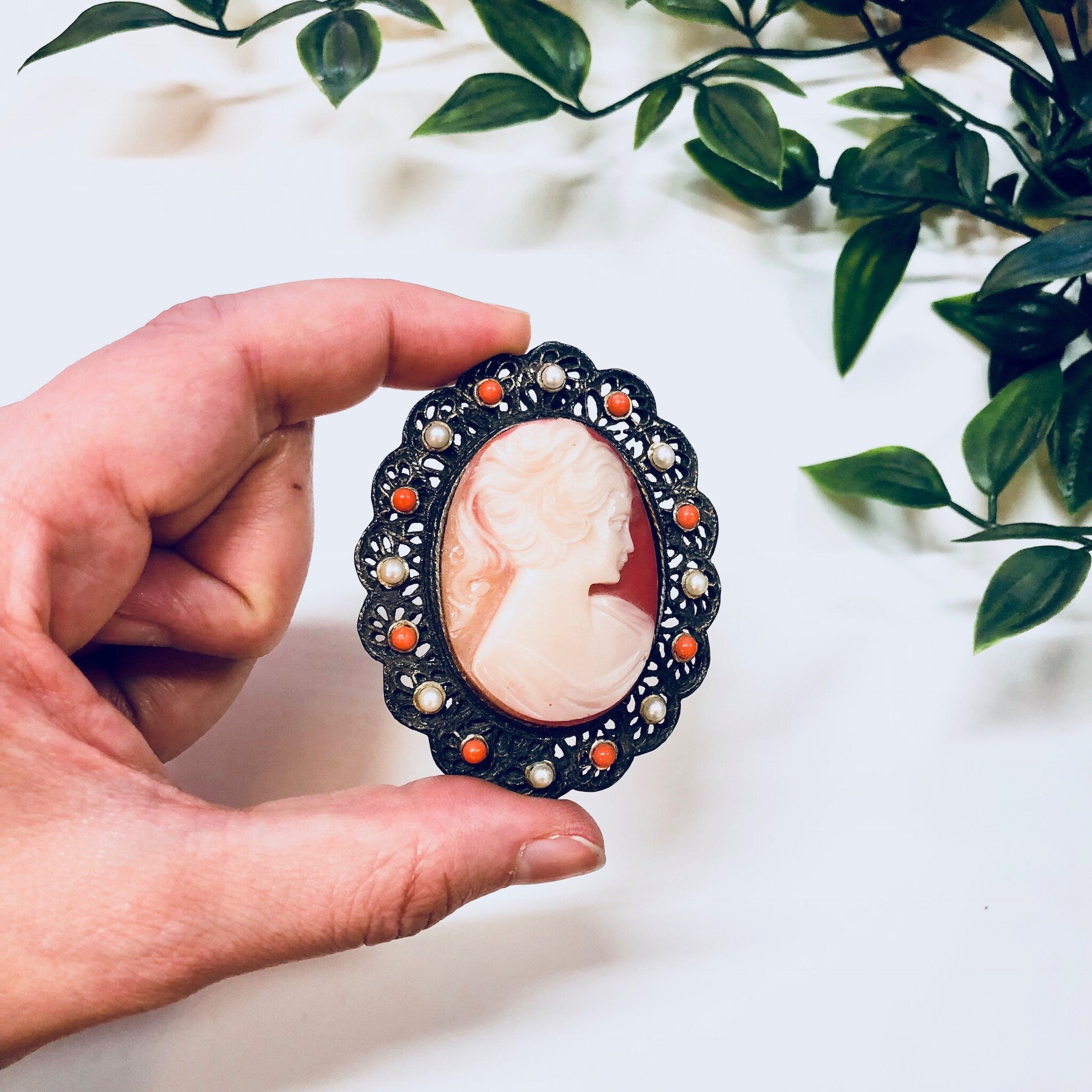 Vintage Beaded Cameo Brooch and Pendant