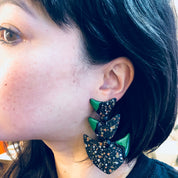 Vintage Earrings, Funky Earrings, Green, Black, Speckle, 80s Style Jewelry, Statement Jewelry, Costume Jewlery, Big Earrings, Pierced Ears