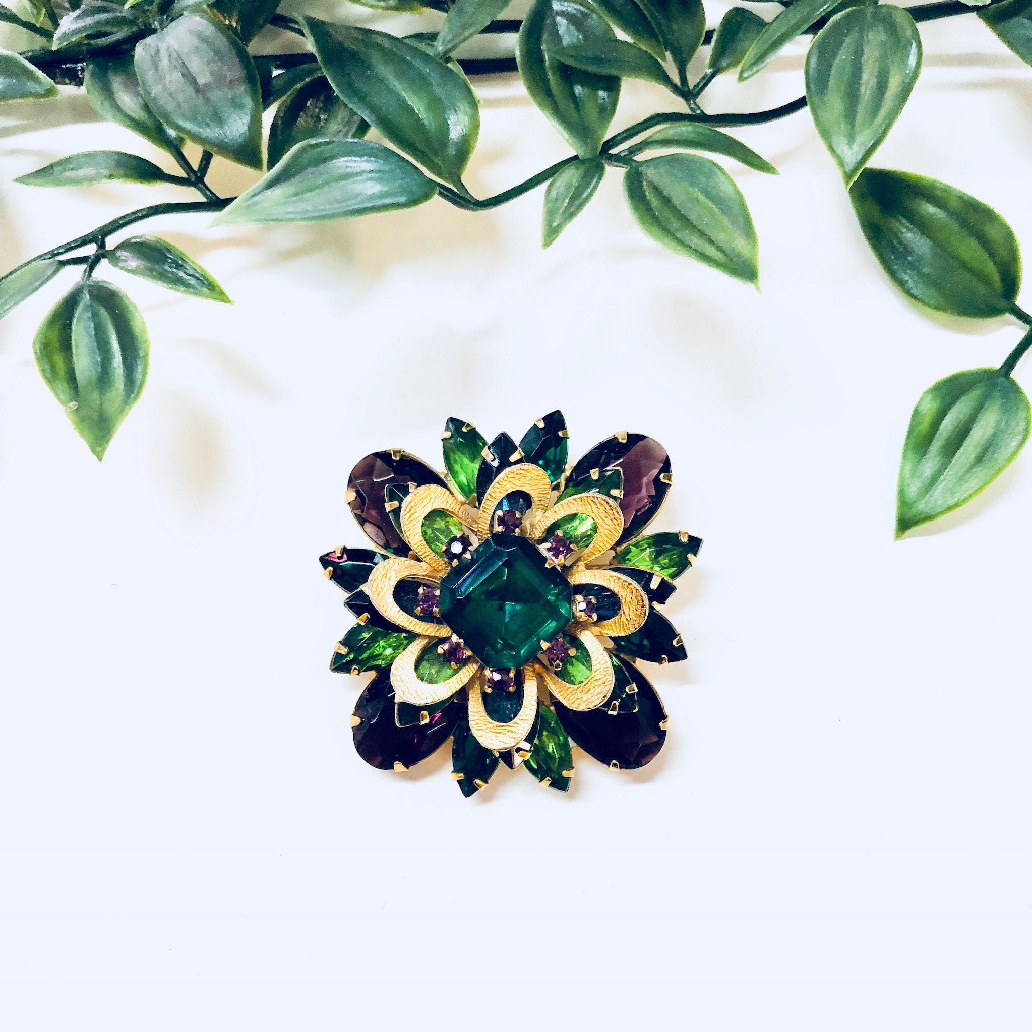 Vintage Brooch, Gold Toned Brooch, Costume Jewelry, Beaded Brooch, Rhinestone Jewelry, Purple, Light Green, Dark Green, Vintage Pin, Gold
