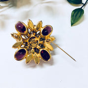 Vintage Brooch, Gold Toned Brooch, Costume Jewelry, Beaded Brooch, Rhinestone Jewelry, Purple, Light Green, Dark Green, Vintage Pin, Gold