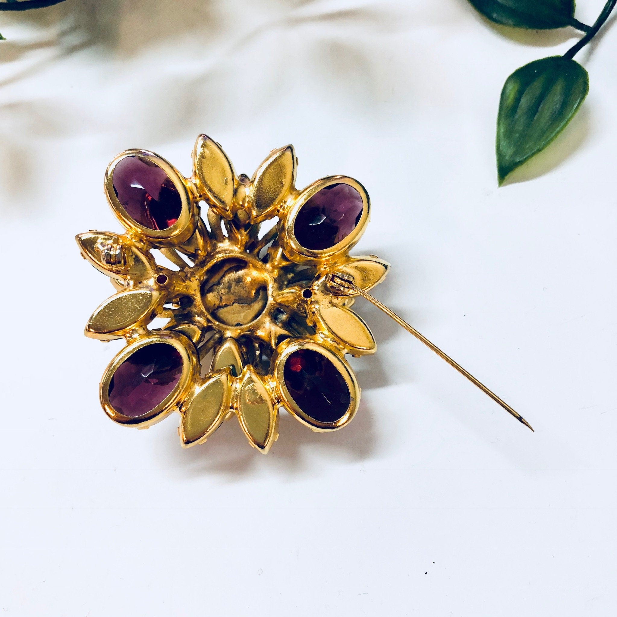 Vintage Brooch, Gold Toned Brooch, Costume Jewelry, Beaded Brooch, Rhinestone Jewelry, Purple, Light Green, Dark Green, Vintage Pin, Gold
