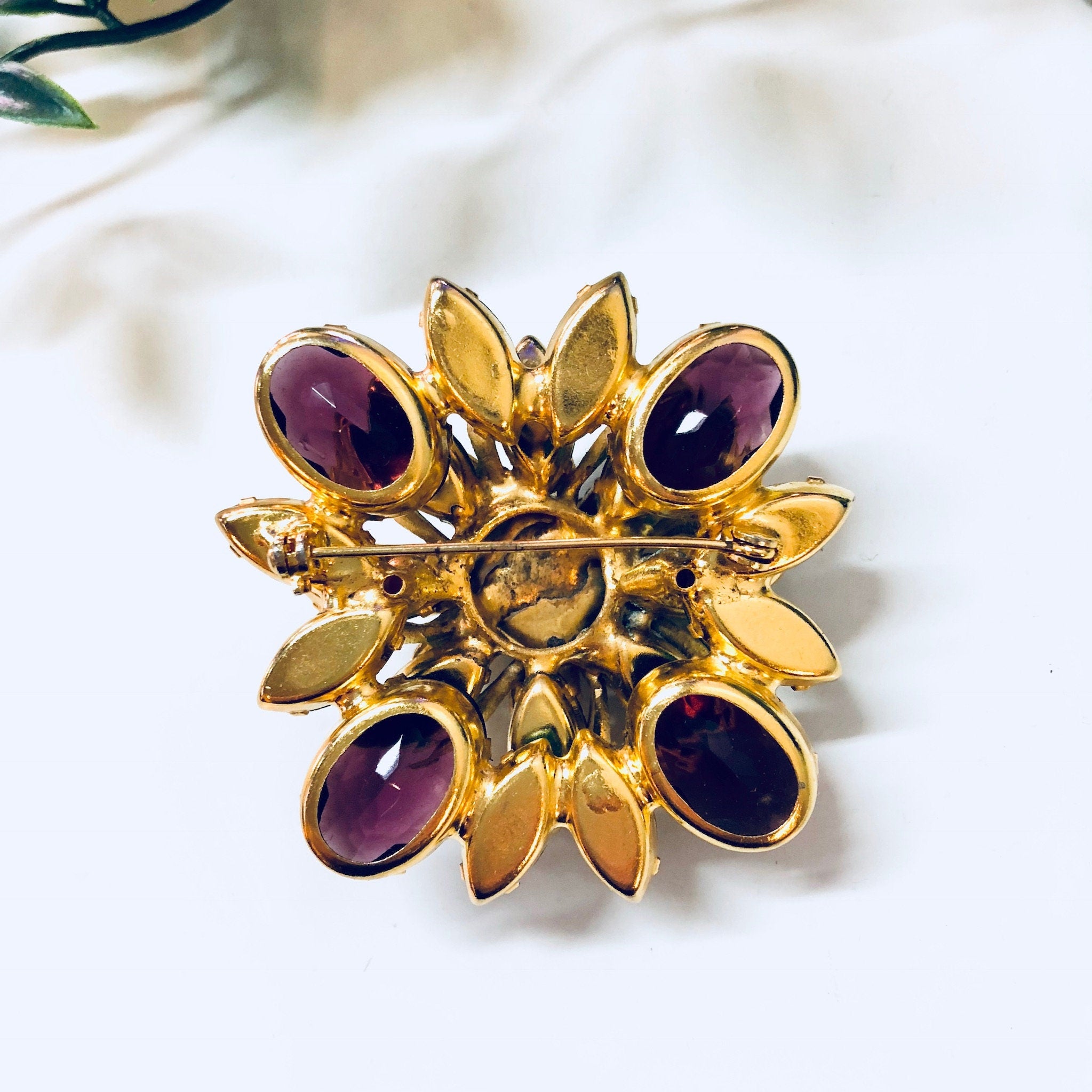 Vintage Brooch, Gold Toned Brooch, Costume Jewelry, Beaded Brooch, Rhinestone Jewelry, Purple, Light Green, Dark Green, Vintage Pin, Gold