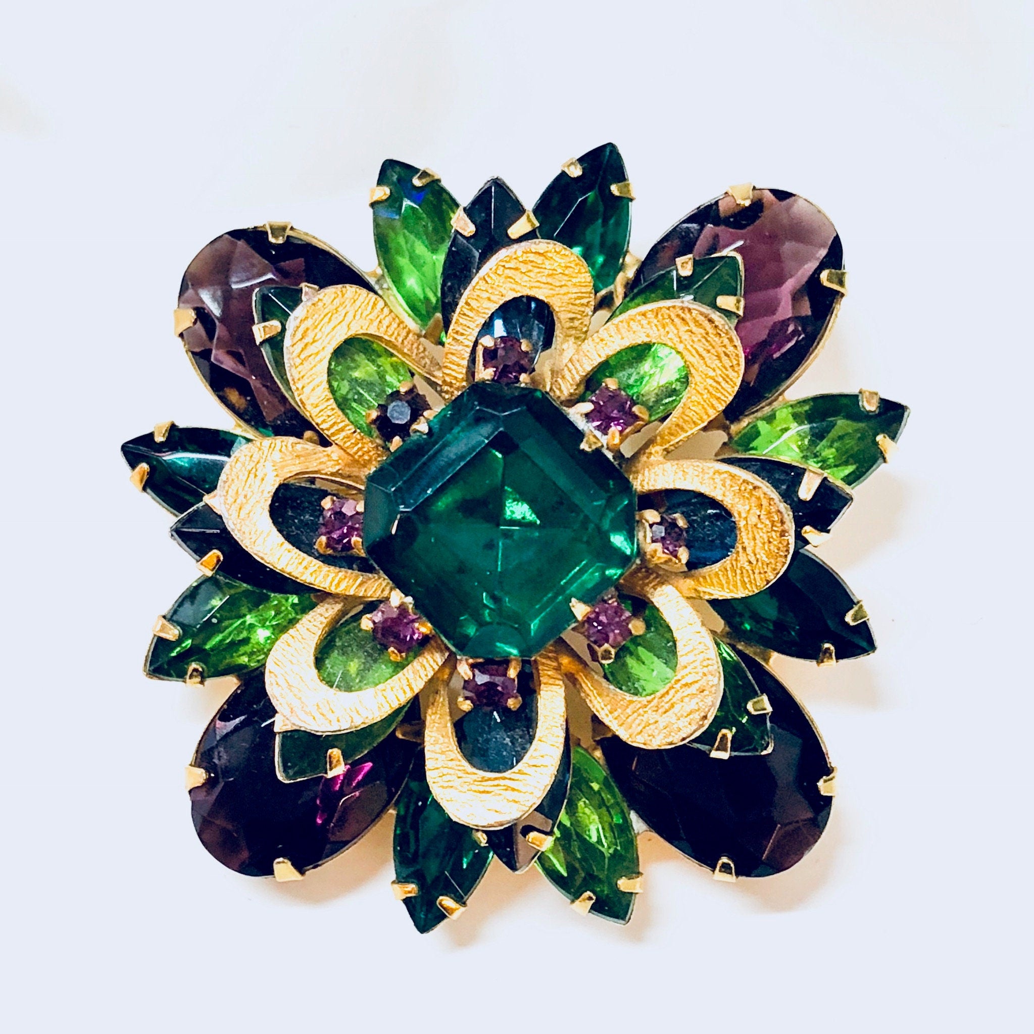 Vintage Brooch, Gold Toned Brooch, Costume Jewelry, Beaded Brooch, Rhinestone Jewelry, Purple, Light Green, Dark Green, Vintage Pin, Gold