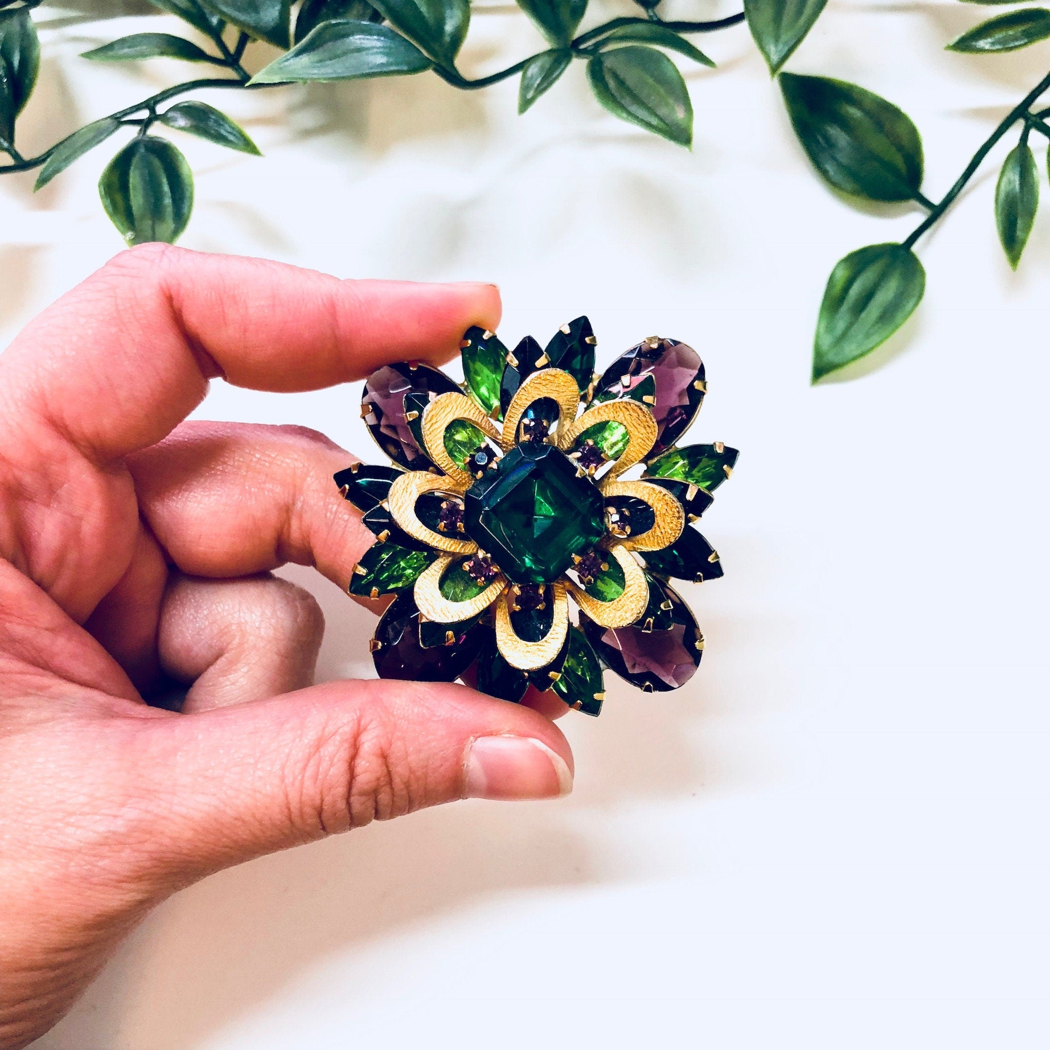 Vintage Brooch, Gold Toned Brooch, Costume Jewelry, Beaded Brooch, Rhinestone Jewelry, Purple, Light Green, Dark Green, Vintage Pin, Gold