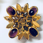 Vintage Brooch, Gold Toned Brooch, Costume Jewelry, Beaded Brooch, Rhinestone Jewelry, Purple, Light Green, Dark Green, Vintage Pin, Gold