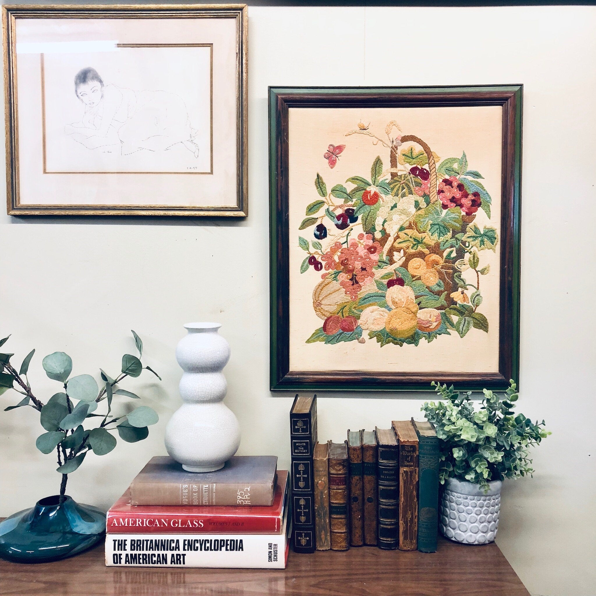 Vintage Needlepoint, Framed Artwork, Colorful Artwork, Wall Hanging, Wall Art, Floral, Fruit, Needlepoint, Stitched Art, Blue, Red, Pink